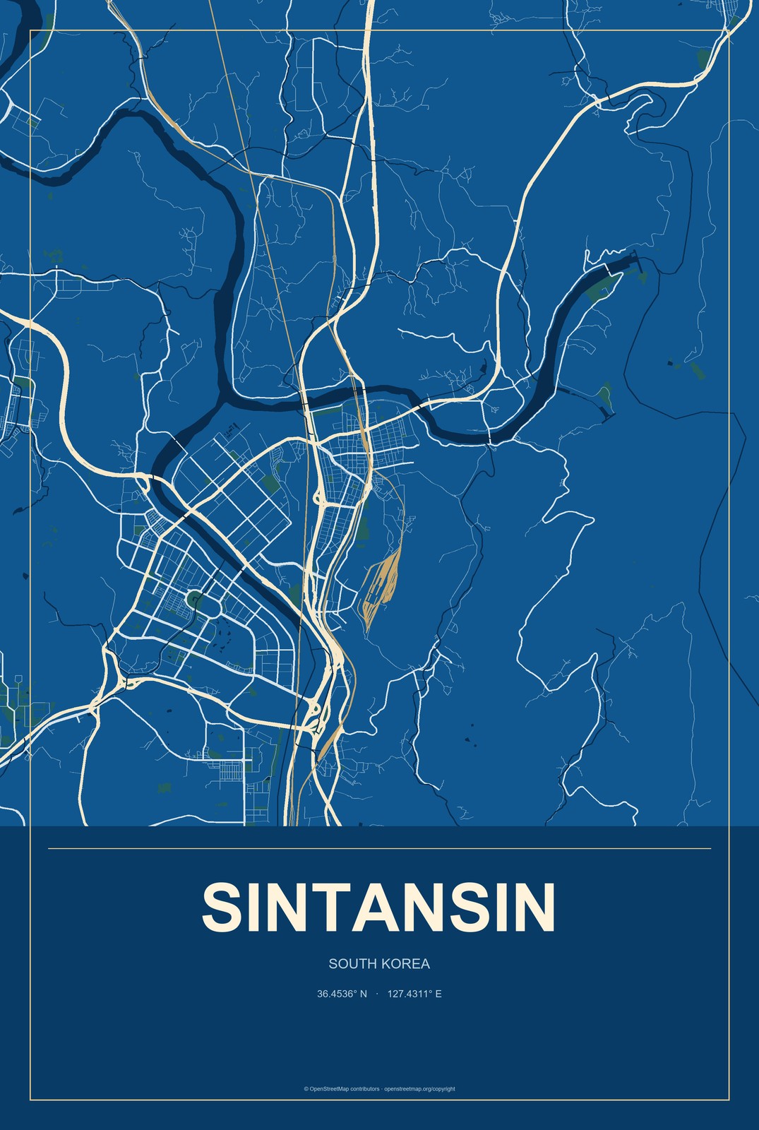 Sintansin, South Korea City Map Aluminum Sign in Harbor Cobalt style