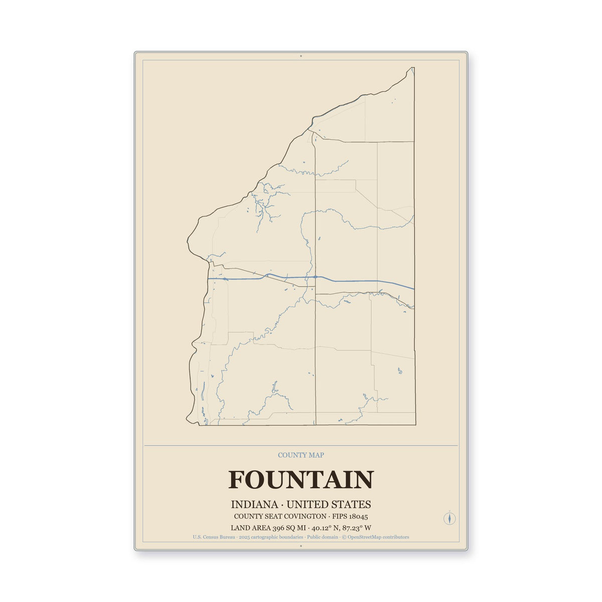 Fountain County, Indiana Map Aluminum Sign in Heritage Nautical style