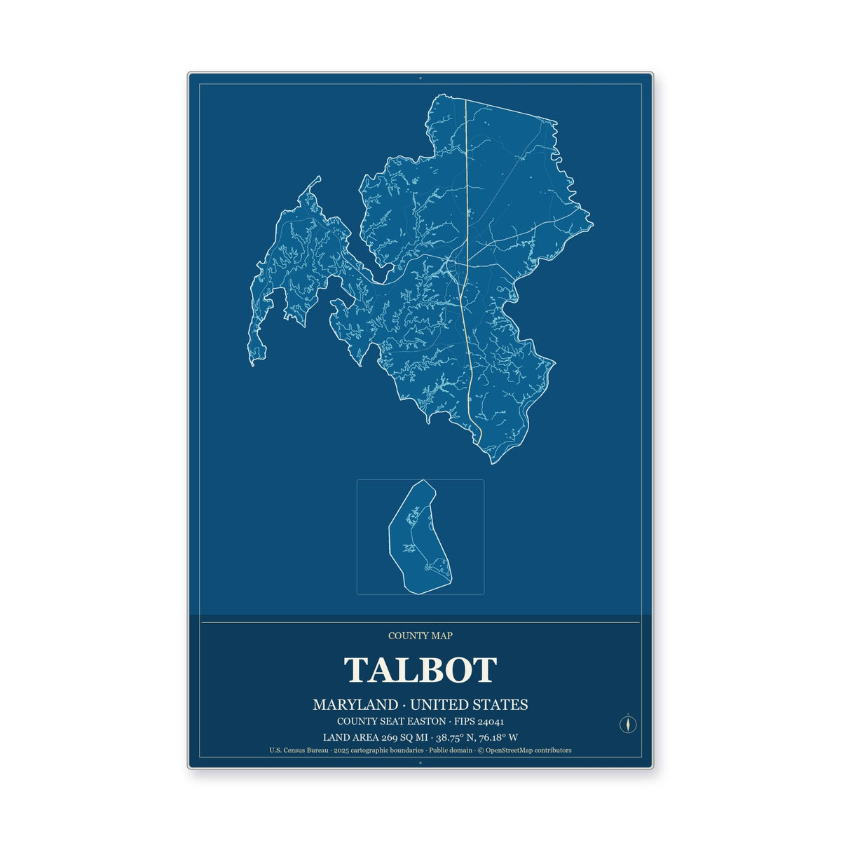 Talbot County, Maryland Map Aluminum Sign in Harbor Cobalt style