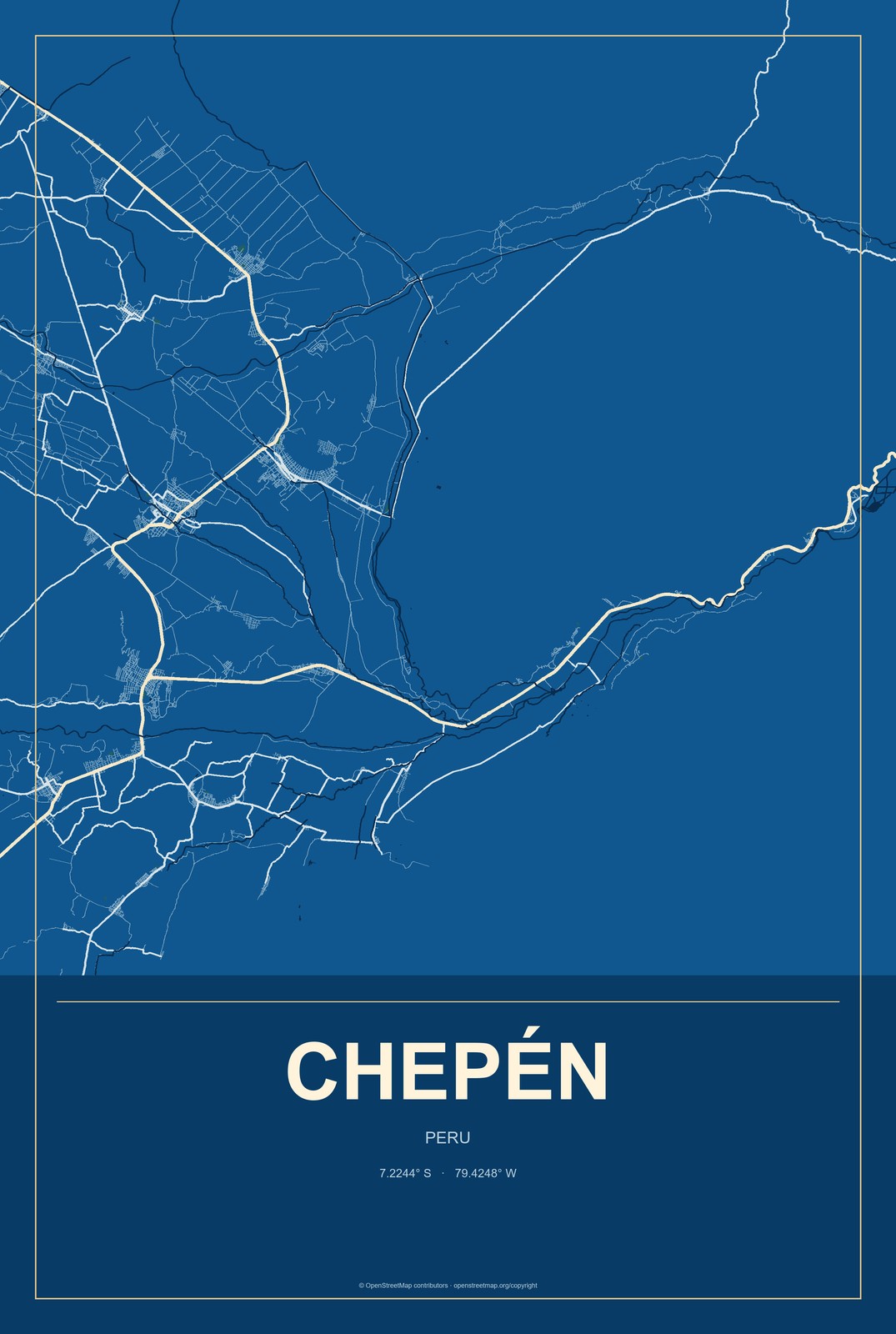 Chepén, Peru City Map Aluminum Sign in Harbor Cobalt style