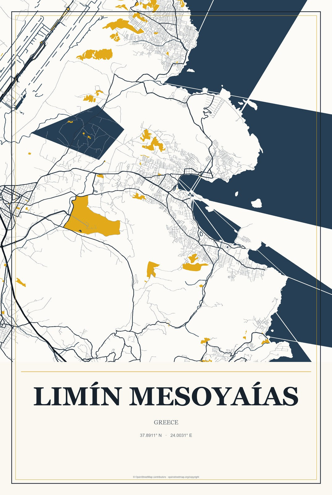 Limín Mesoyaías, Greece City Map Aluminum Sign in Citrine Modern style