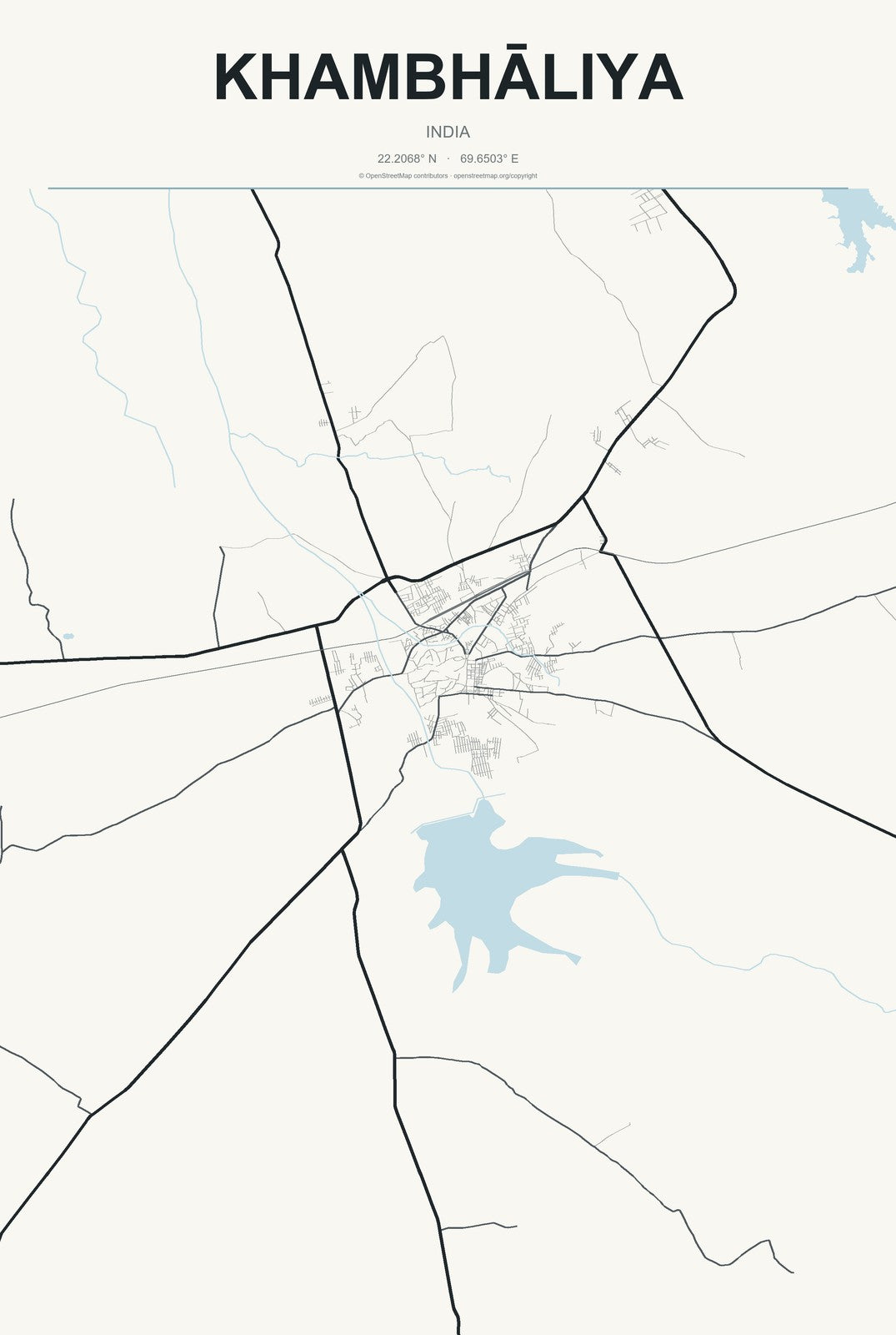 Khambhāliya, India City Map Aluminum Sign in Headline Atlas style