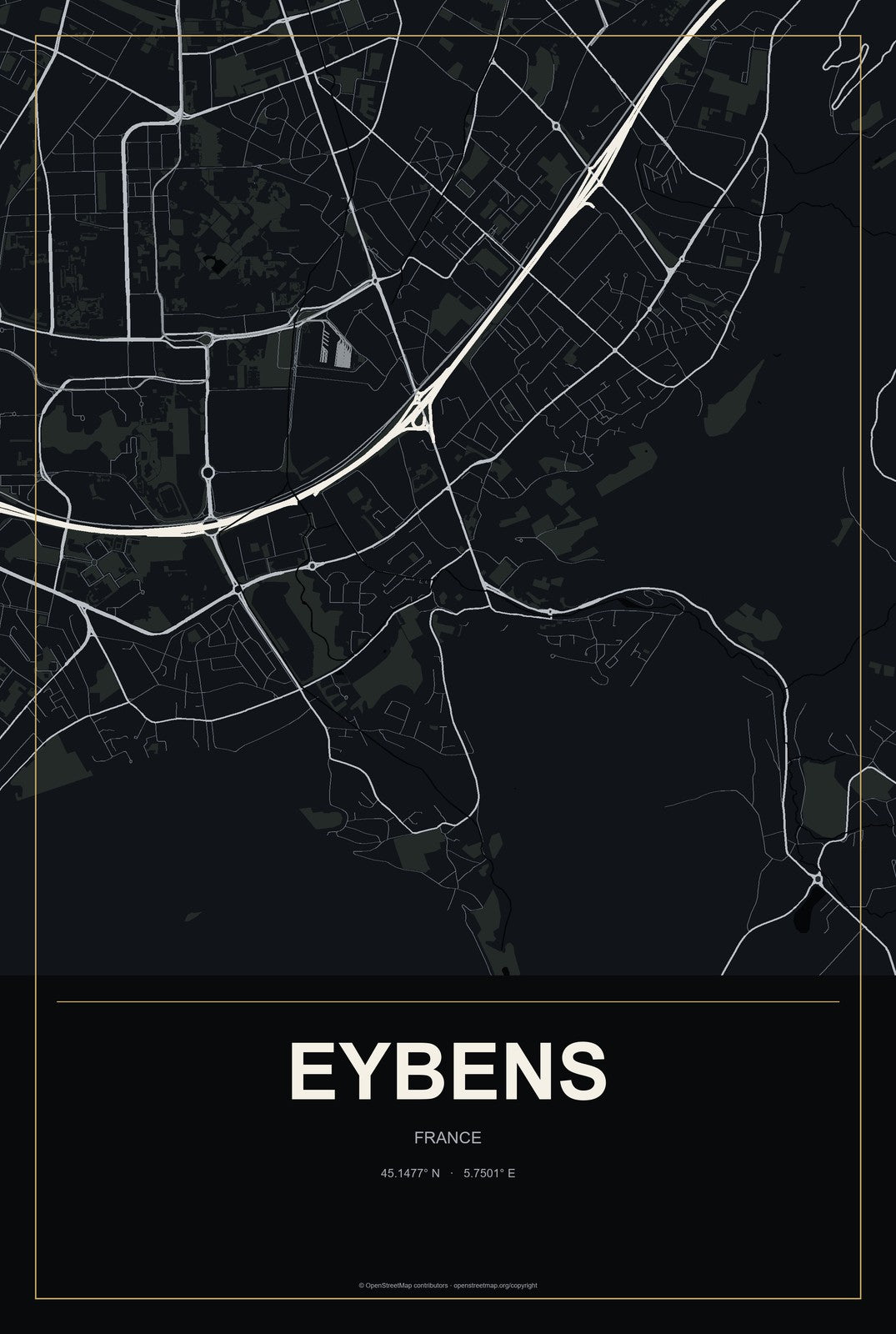 Eybens, France City Map Aluminum Sign in Metropolitan Noir style
