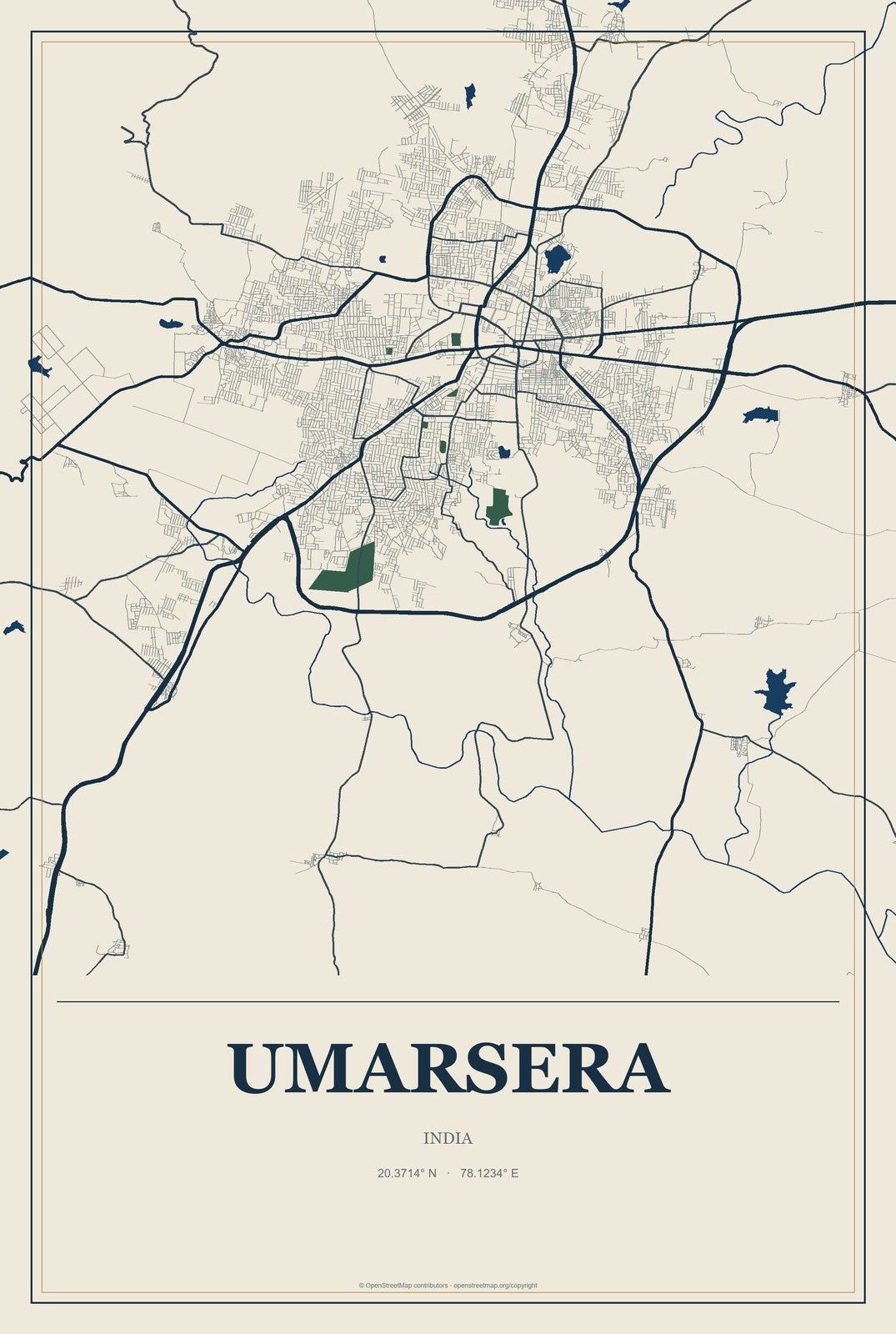Umarsera, India City Map Aluminum Sign in Coastal Cutout style
