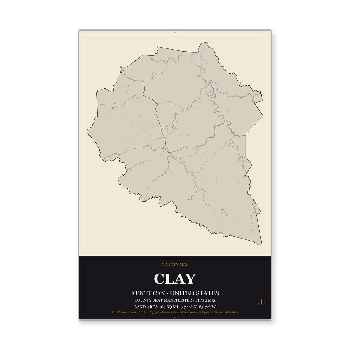 Clay County, Kentucky Map Aluminum Sign in Museum Plaque style