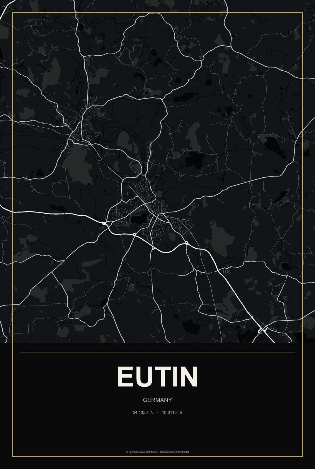 Eutin, Germany City Map Aluminum Sign in Metropolitan Noir style
