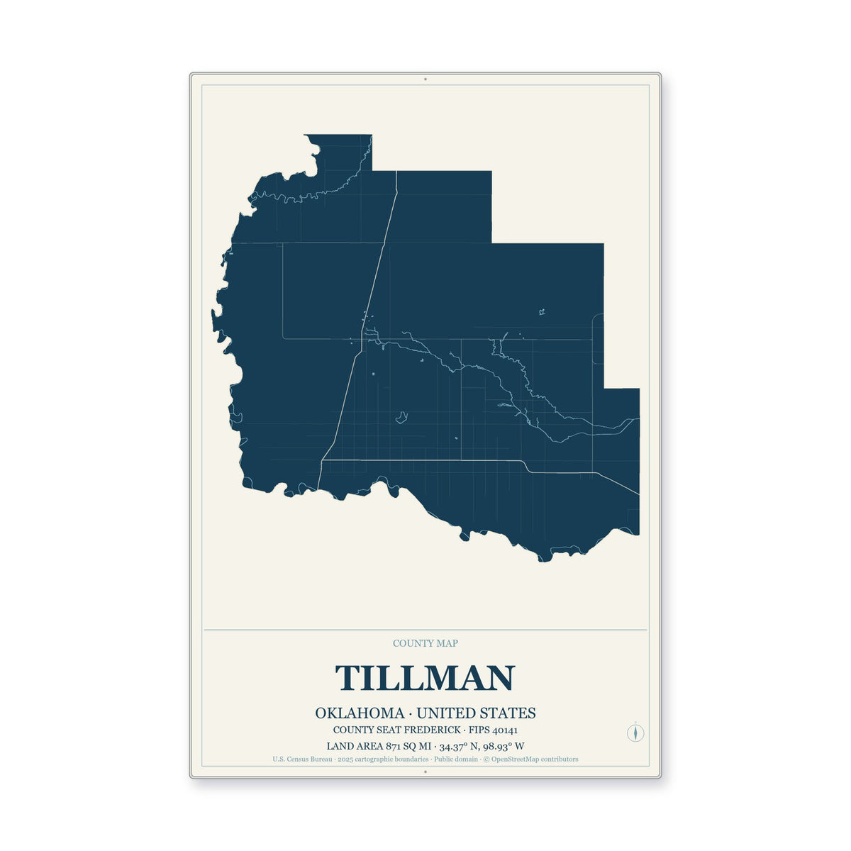 Tillman County, Oklahoma Map Aluminum Sign in Coastal Cutout style