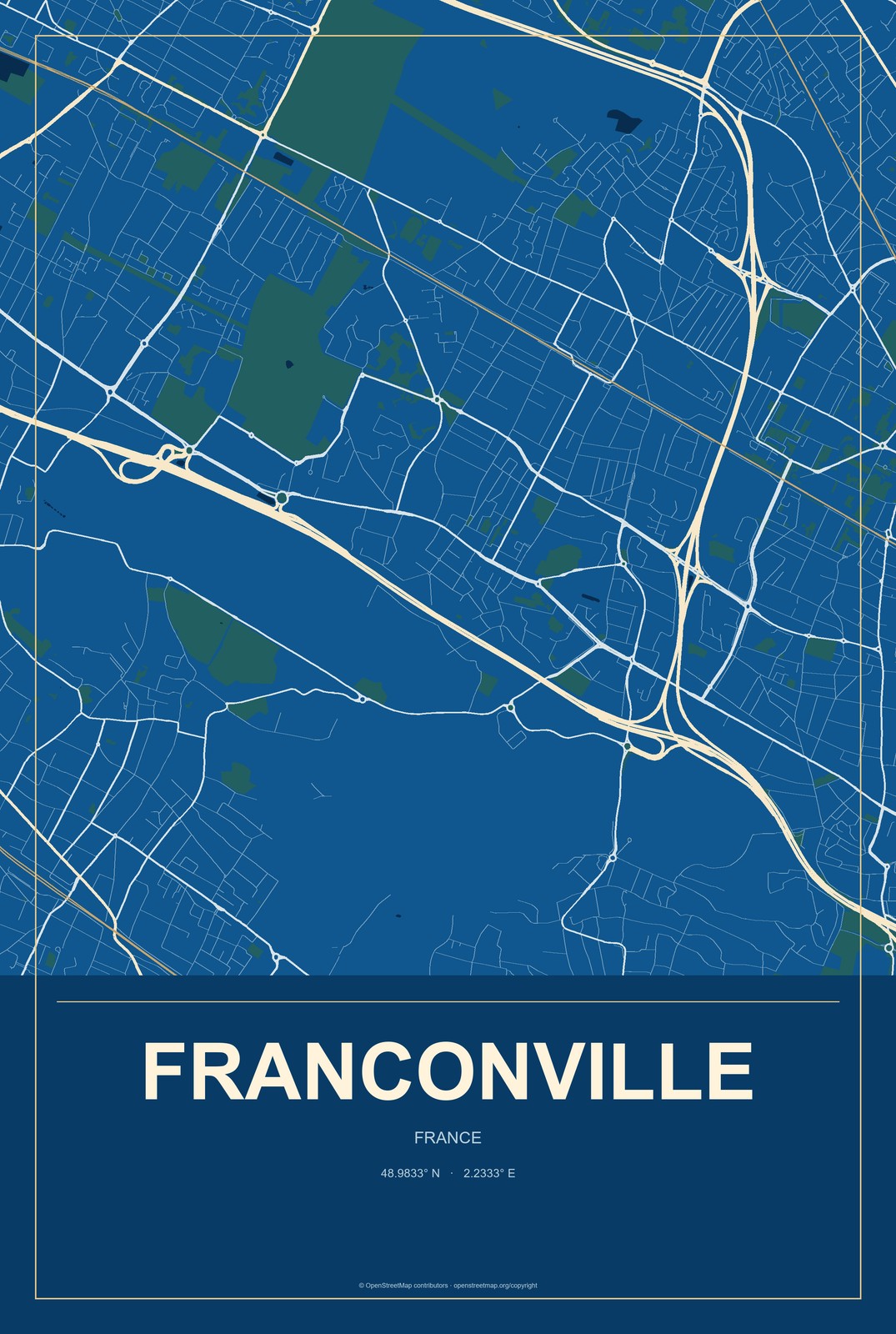 Franconville, France City Map Aluminum Sign in Harbor Cobalt style