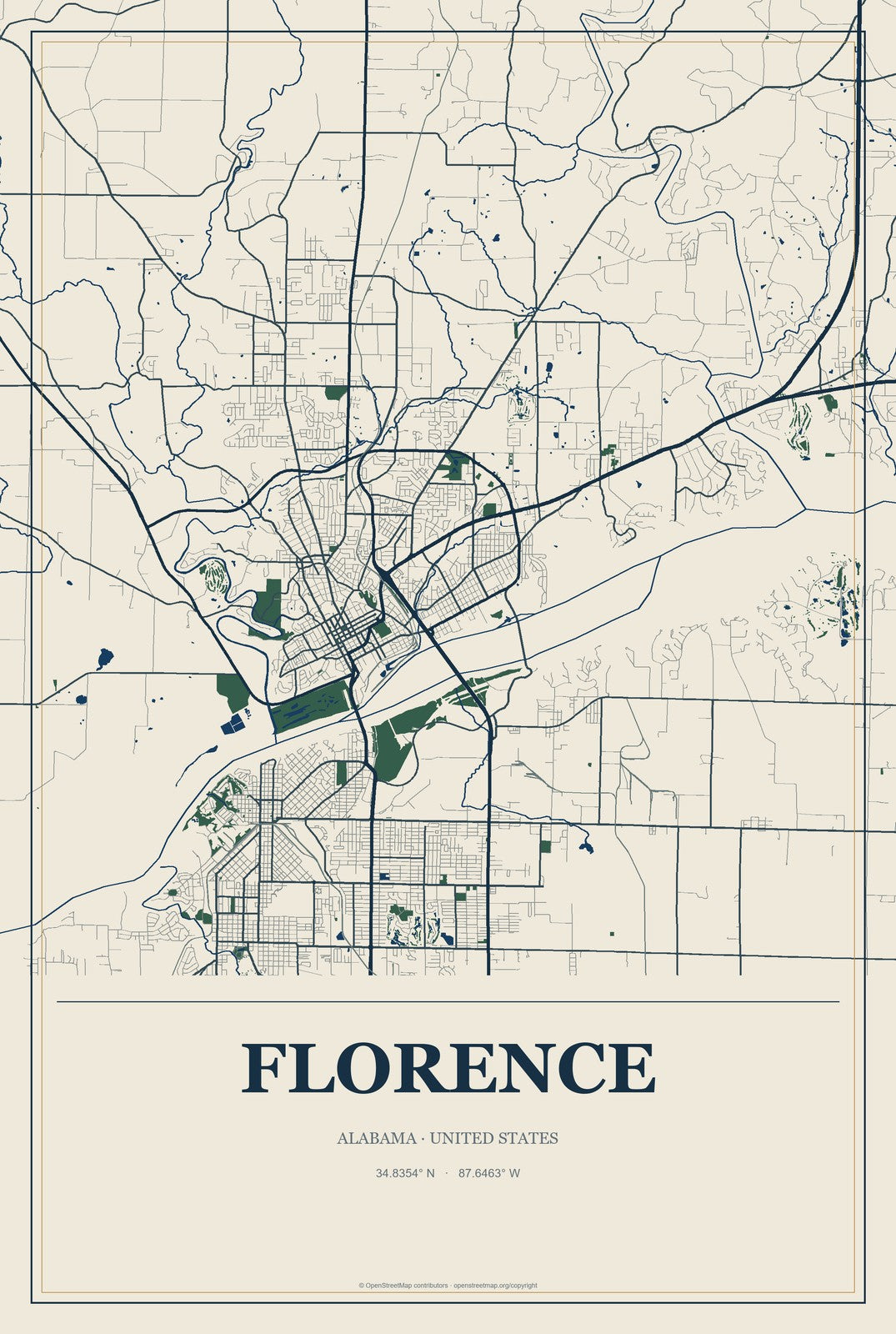 Florence, Alabama City Map Aluminum Sign in Coastal Cutout style