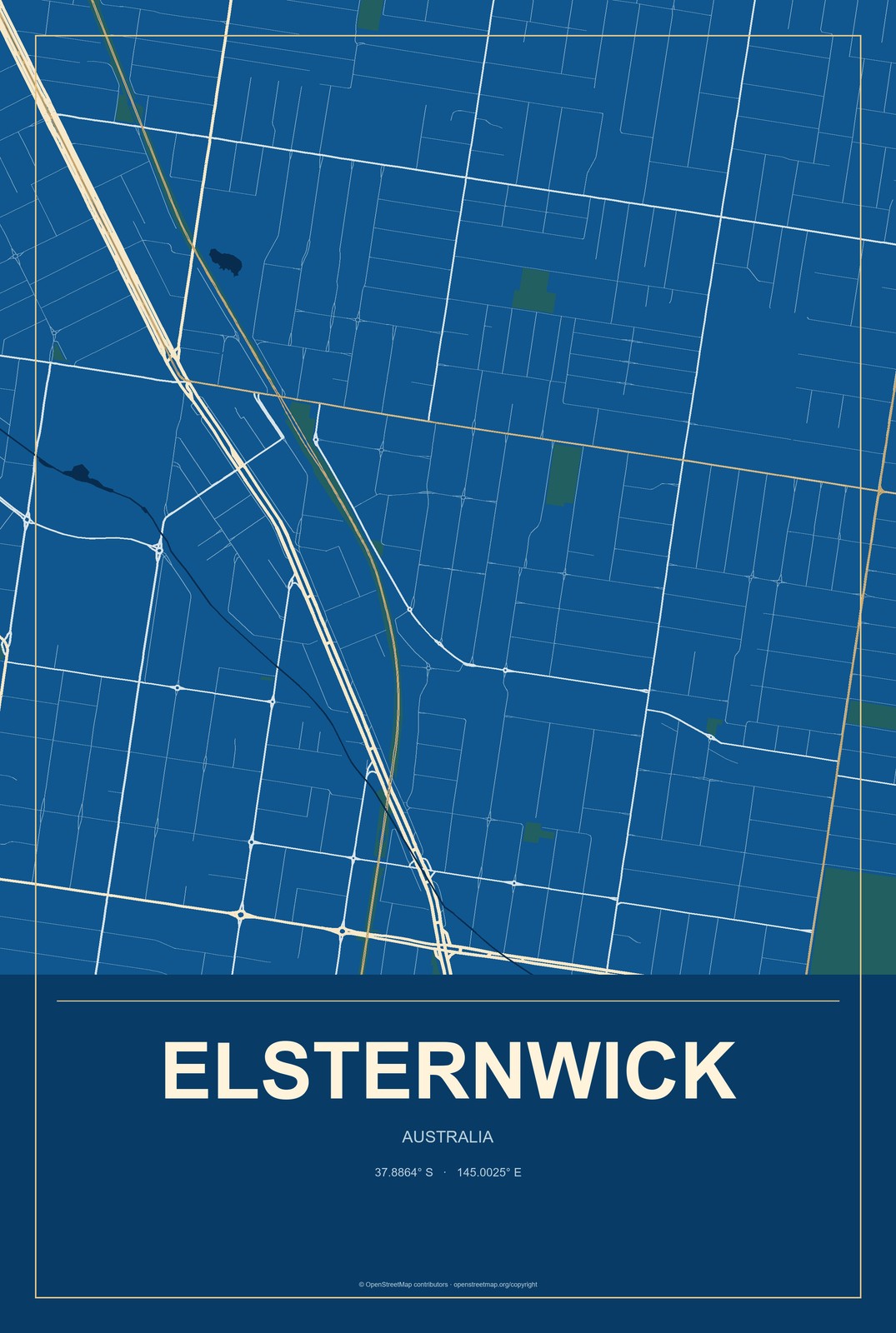 Elsternwick, Australia City Map Aluminum Sign in Harbor Cobalt style