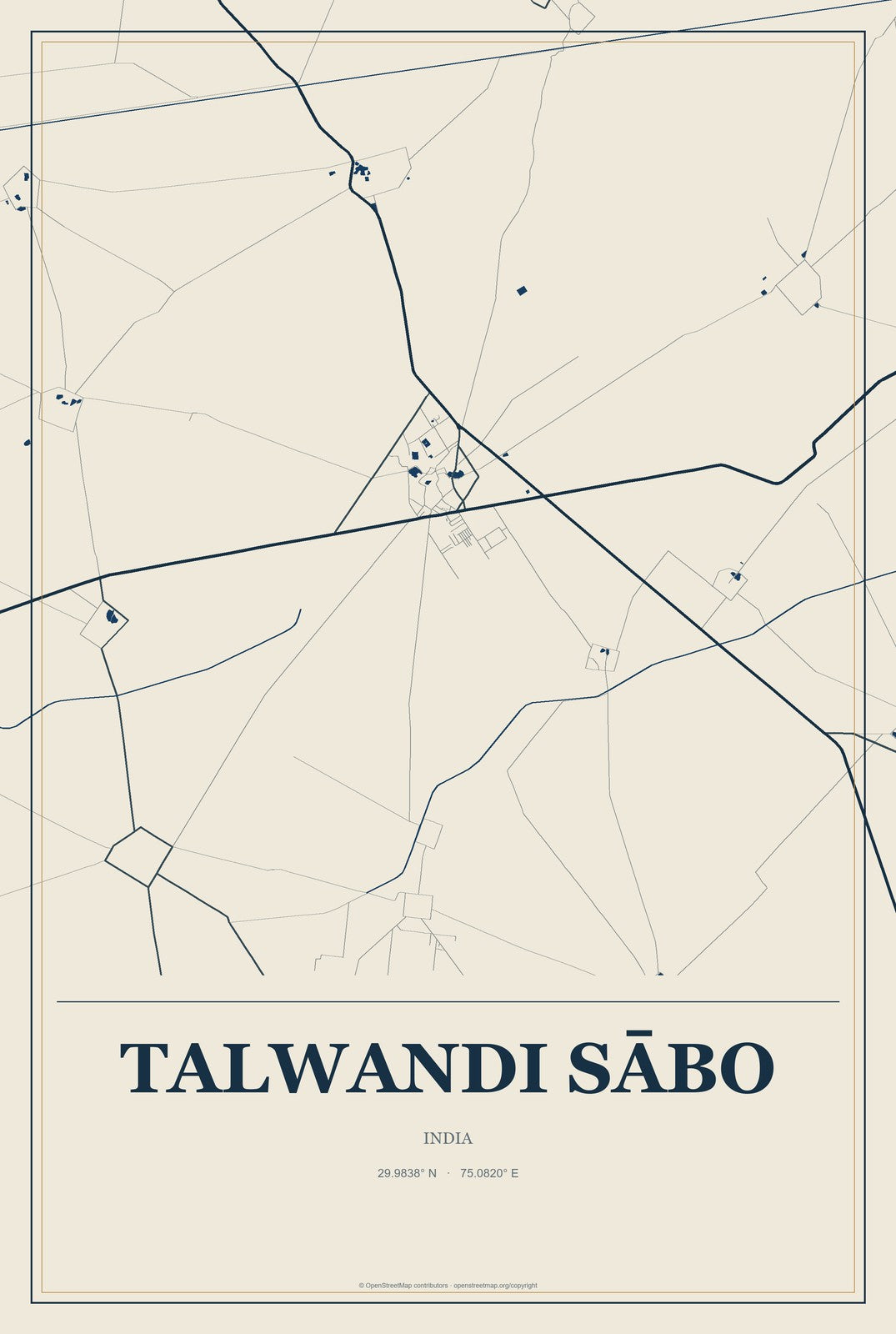 Talwandi Sābo, India City Map Aluminum Sign in Coastal Cutout style