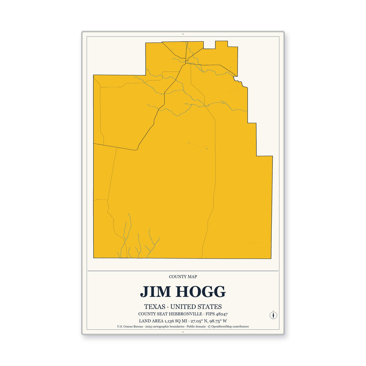 Jim Hogg County, Texas Map Aluminum Sign in Citrine Modern style