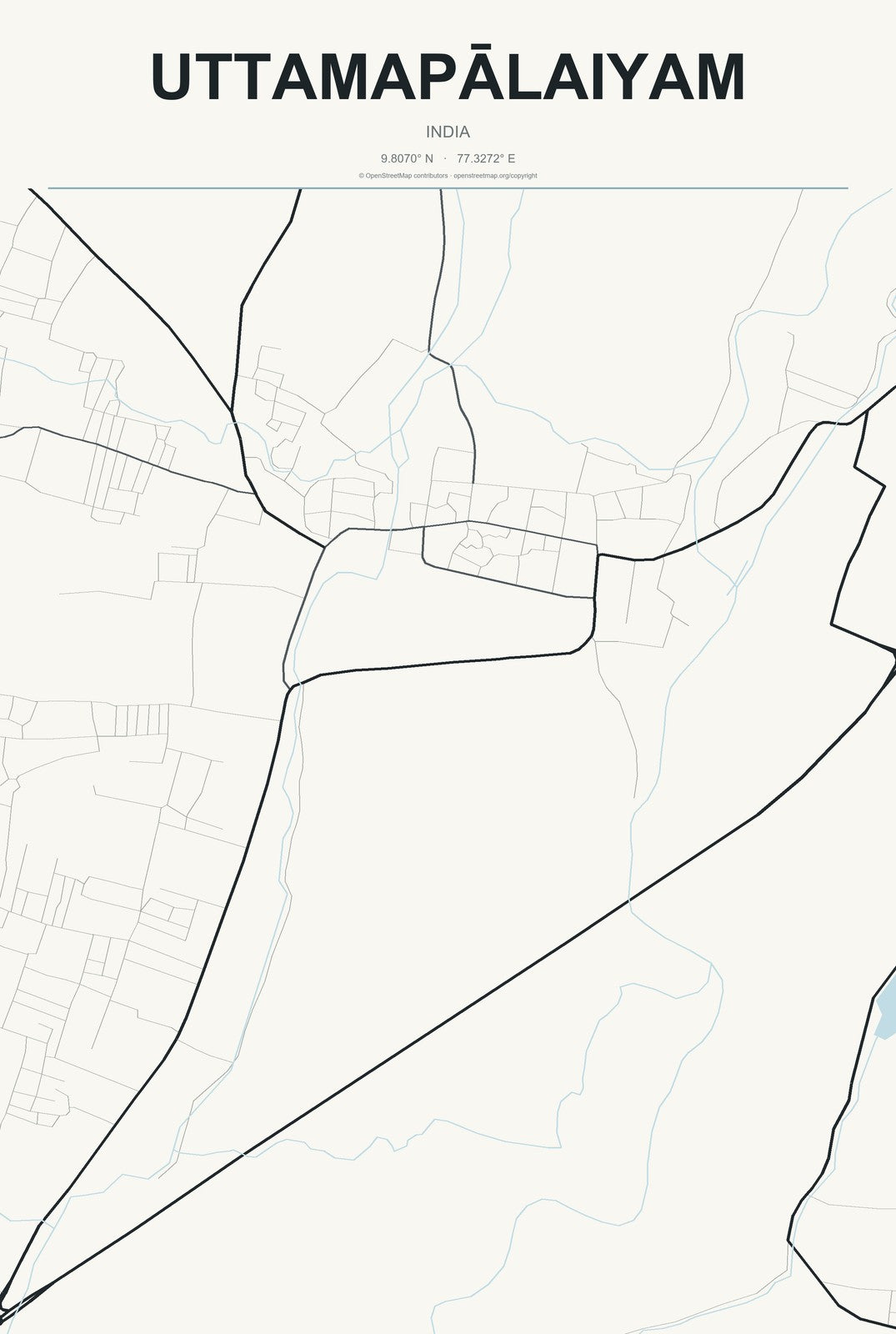 Uttamapālaiyam, India City Map Aluminum Sign in Headline Atlas style