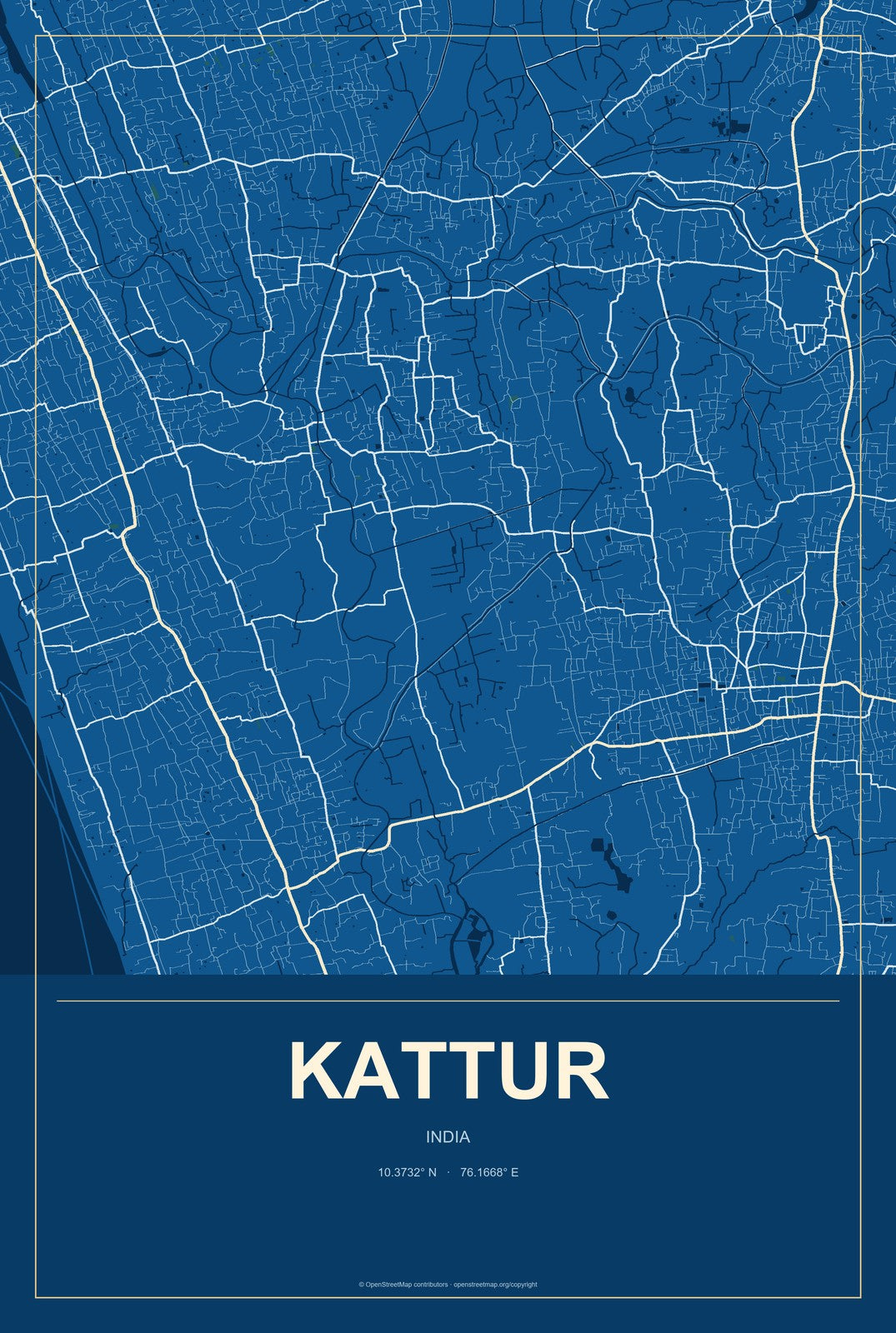 Kattur, India City Map Aluminum Sign in Harbor Cobalt style
