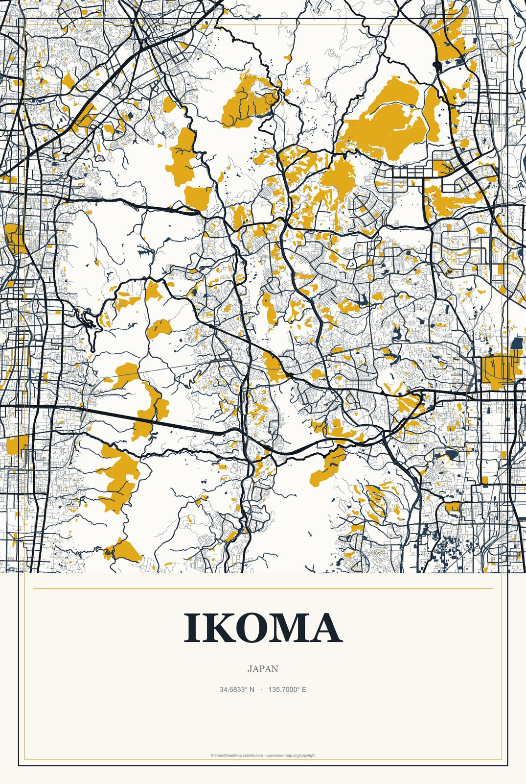 Ikoma, Japan City Map Aluminum Sign in Citrine Modern style
