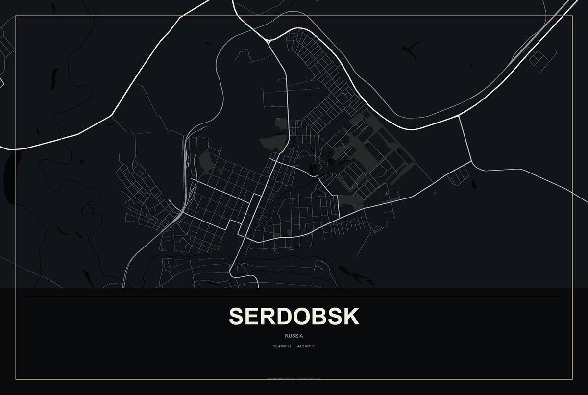Serdobsk, Russia City Map Aluminum Sign in Metropolitan Noir style