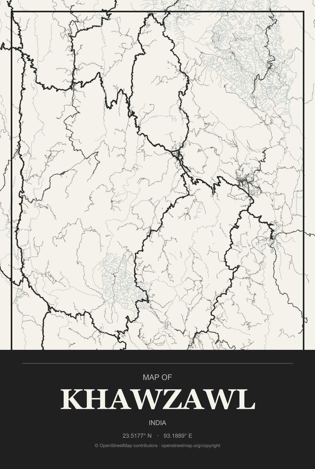 Khawzawl, India City Map Aluminum Sign in Museum Plaque style