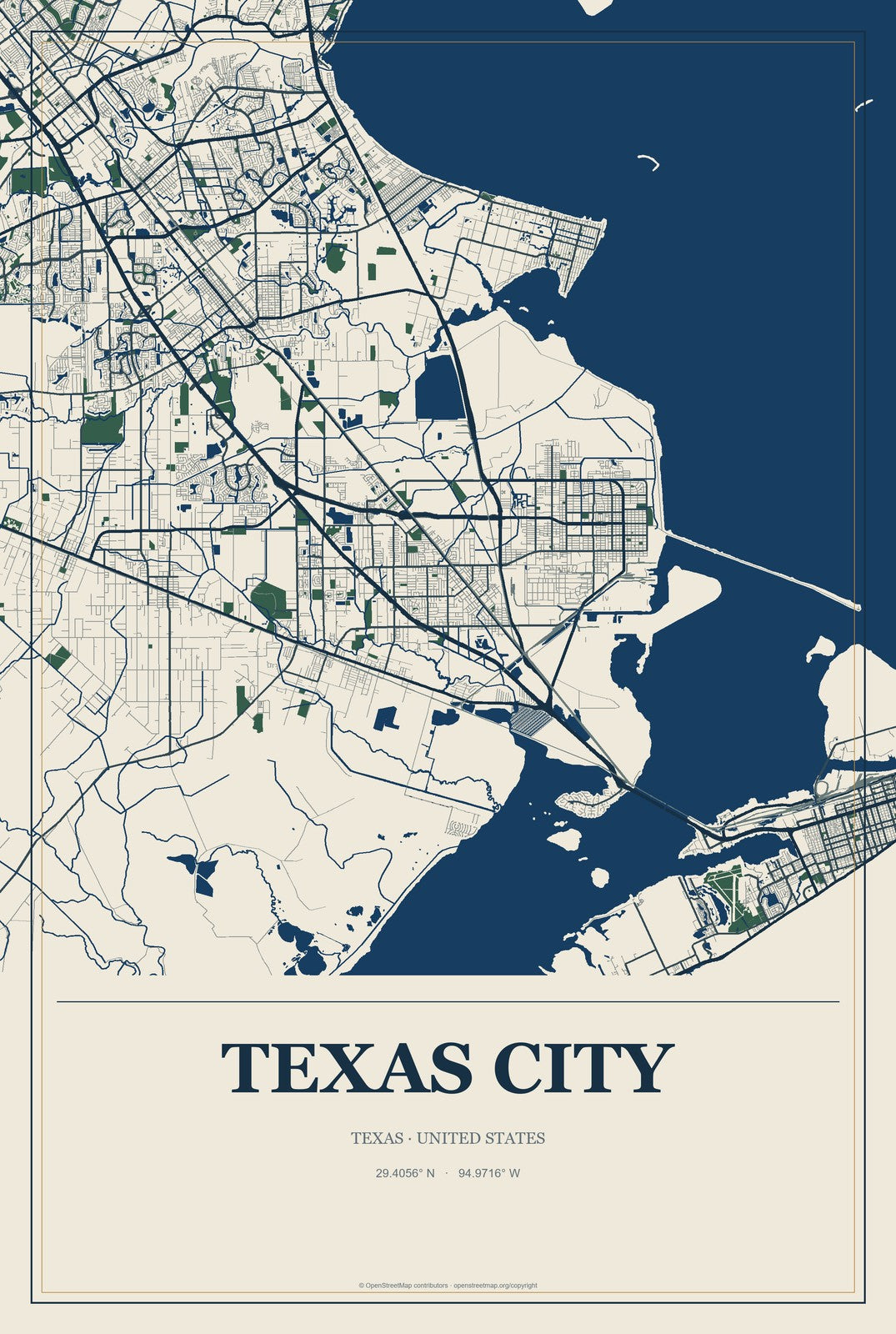 Texas City, Texas City Map Aluminum Sign in Coastal Cutout style