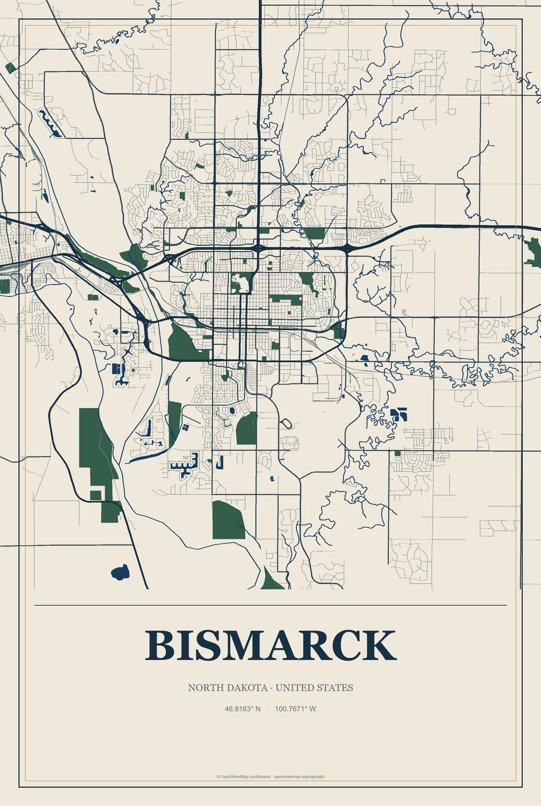 Bismarck, North Dakota City Map Aluminum Sign in Coastal Cutout style