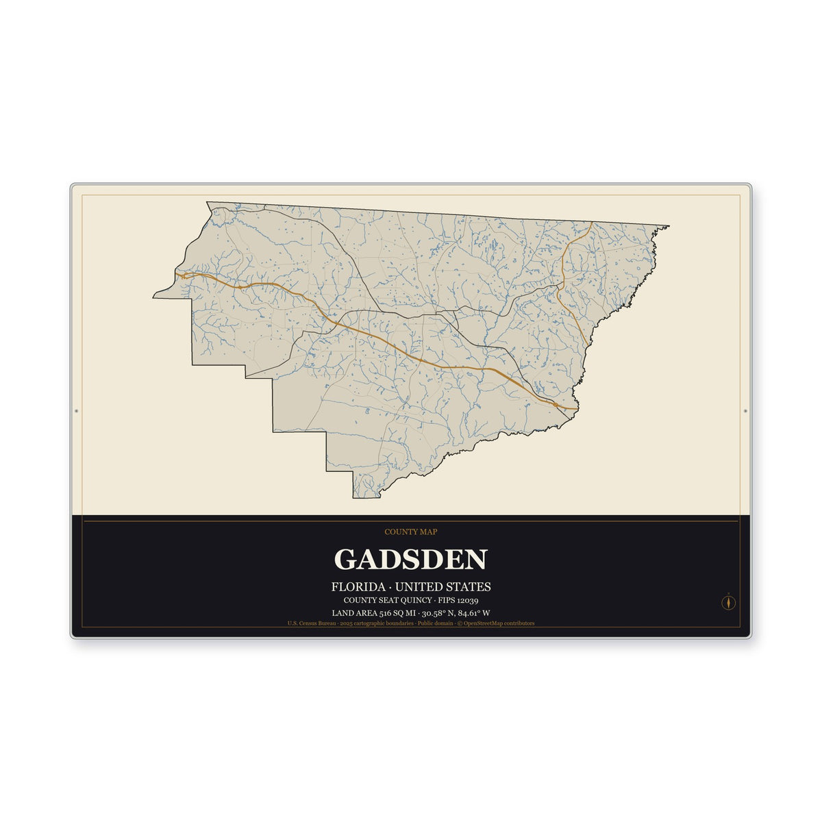 Gadsden County, Florida Map Aluminum Sign in Museum Plaque style