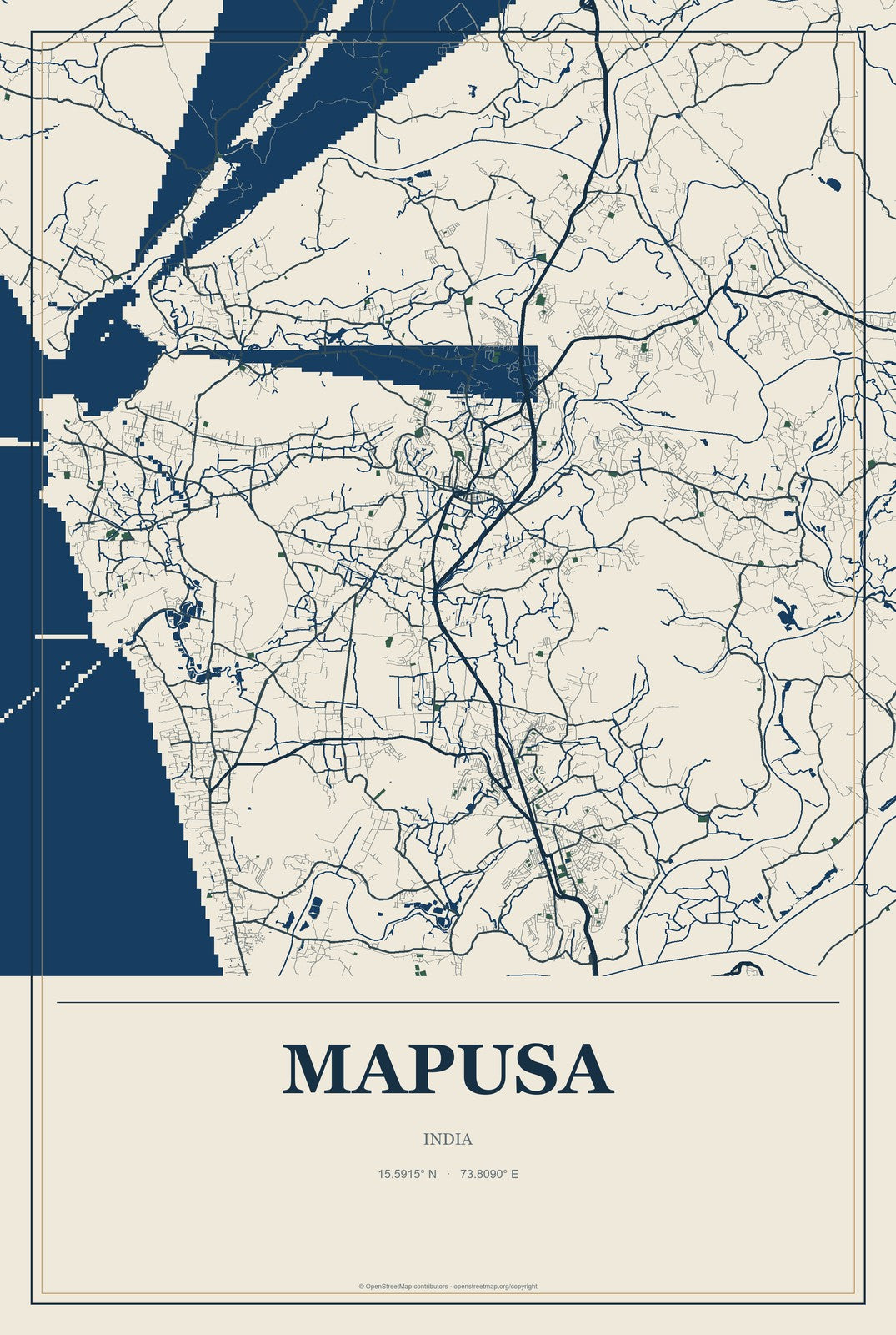 Mapusa, India City Map Aluminum Sign in Coastal Cutout style