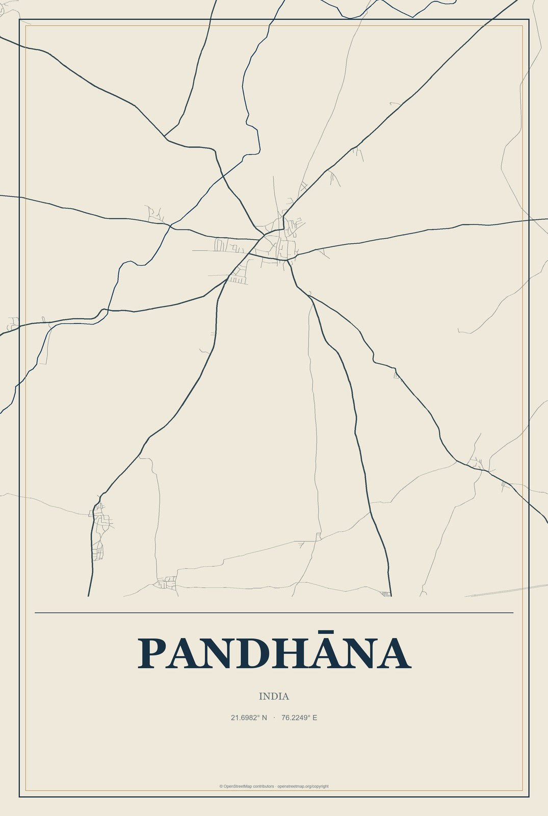 Pandhāna, India City Map Aluminum Sign in Coastal Cutout style