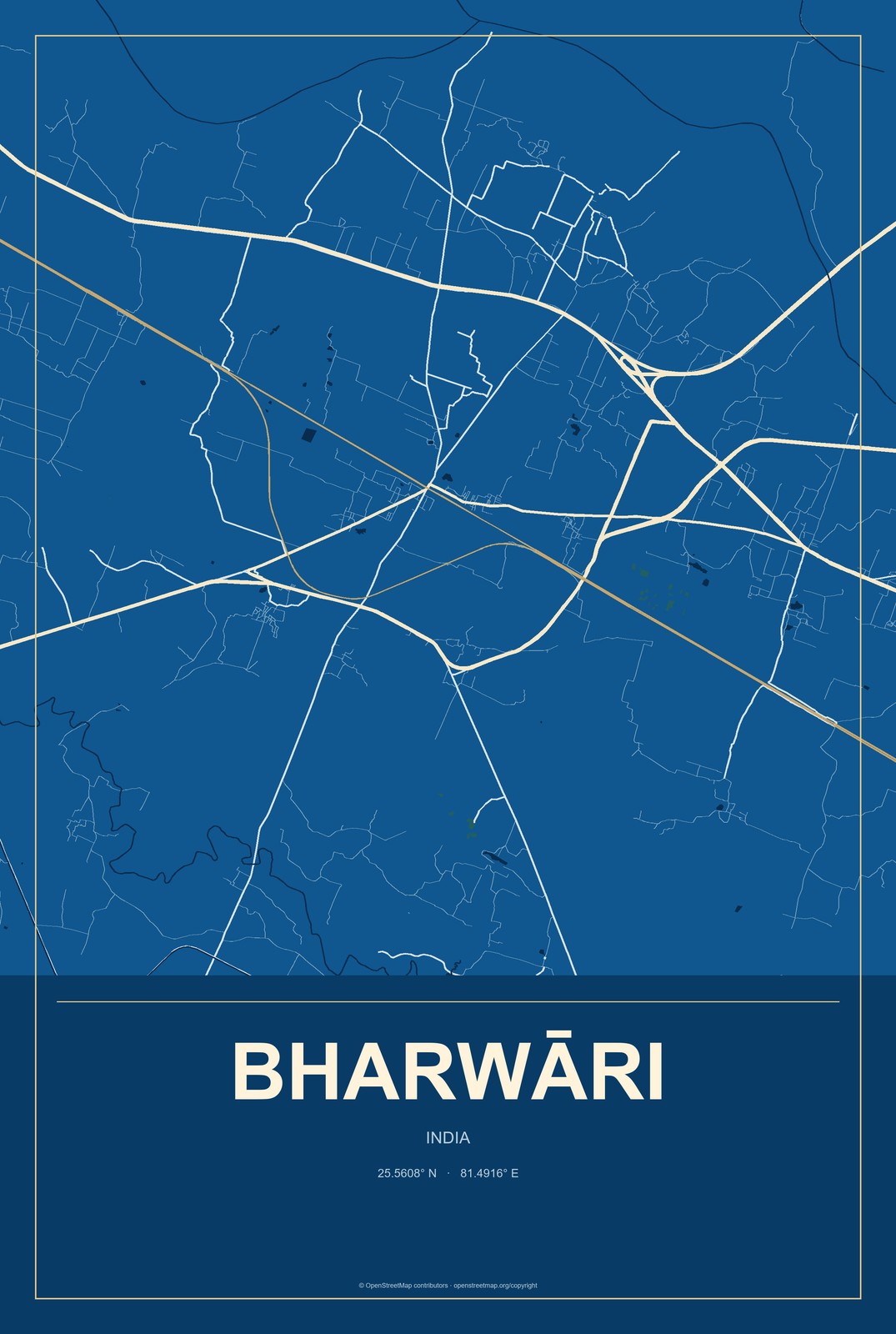 Bharwāri, India City Map Aluminum Sign in Harbor Cobalt style