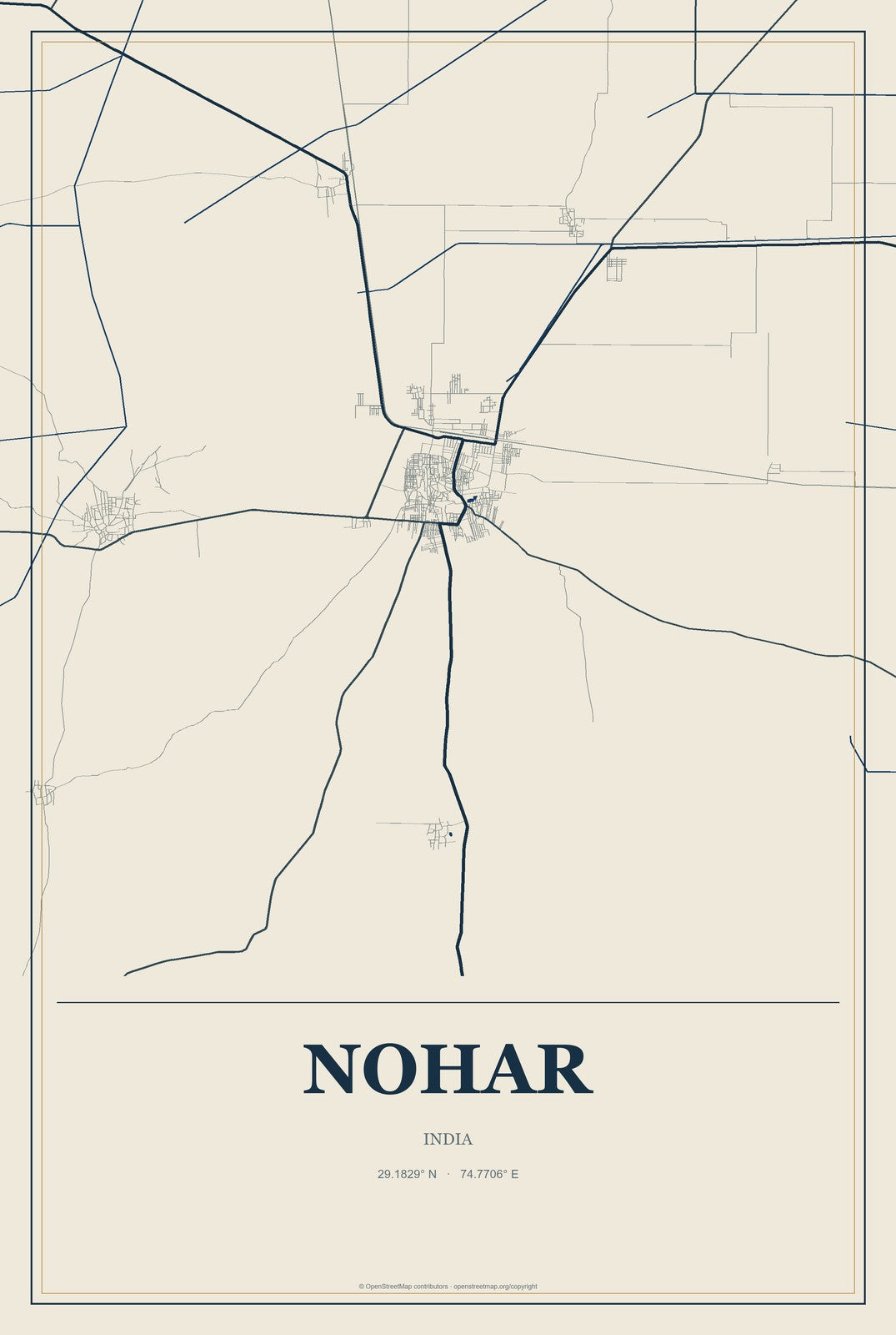 Nohar, India City Map Aluminum Sign in Coastal Cutout style