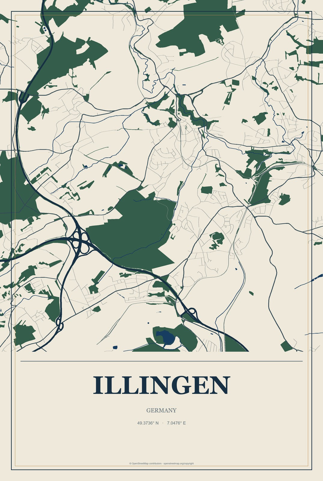 Illingen, Germany City Map Aluminum Sign in Coastal Cutout style