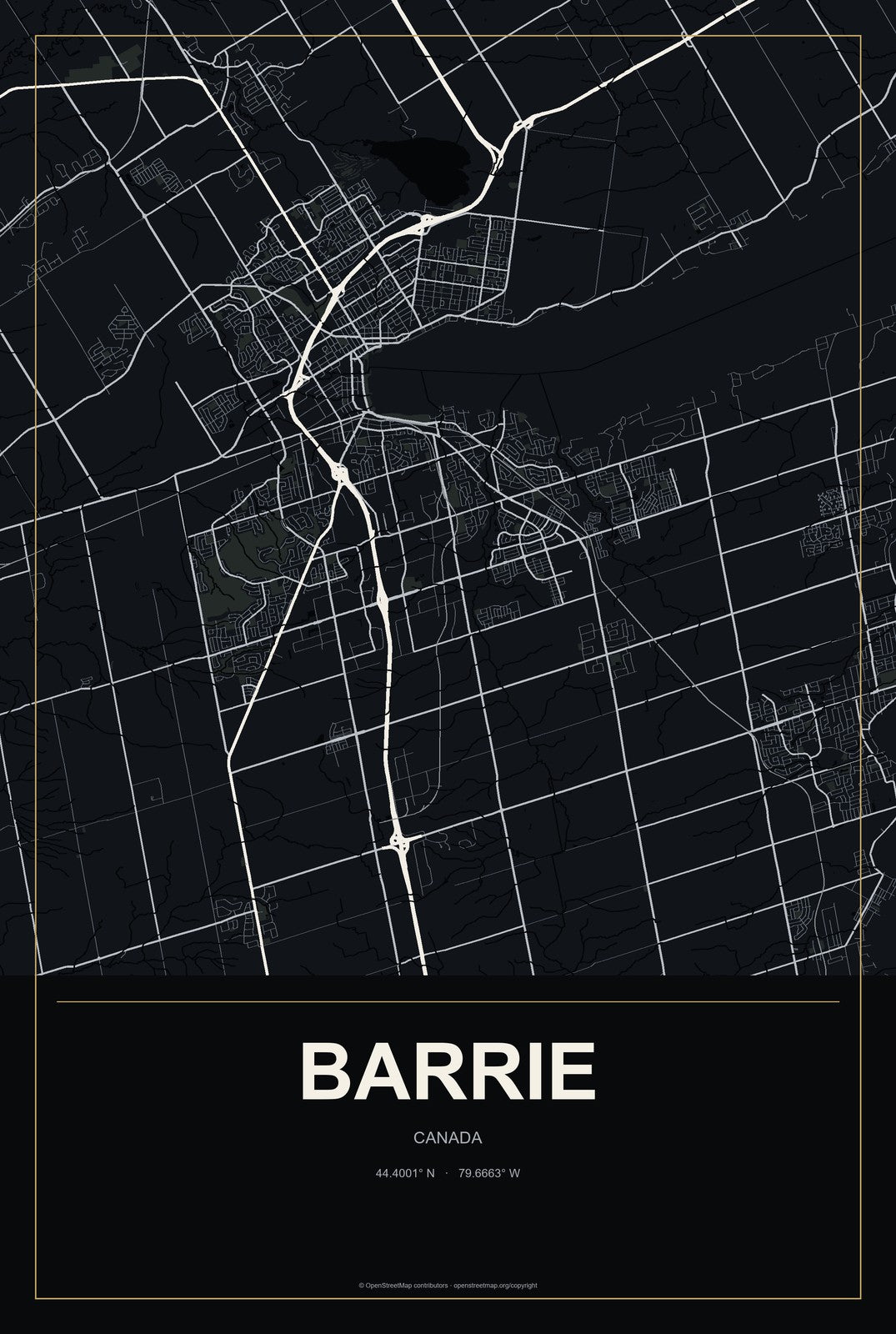 Barrie, Canada City Map Aluminum Sign in Metropolitan Noir style