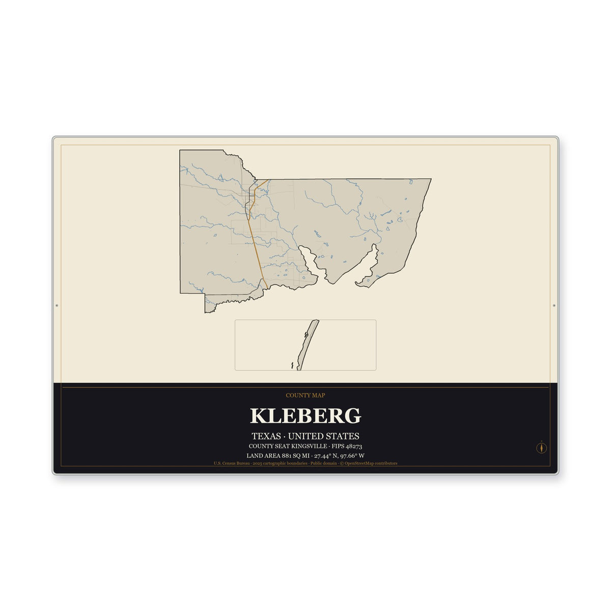 Kleberg County, Texas Map Aluminum Sign in Museum Plaque style