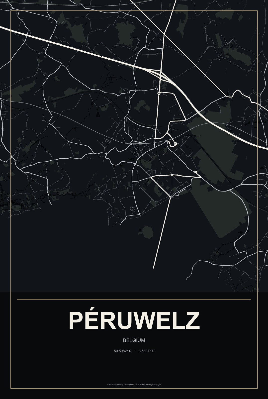 Péruwelz, Belgium City Map Aluminum Sign in Metropolitan Noir style