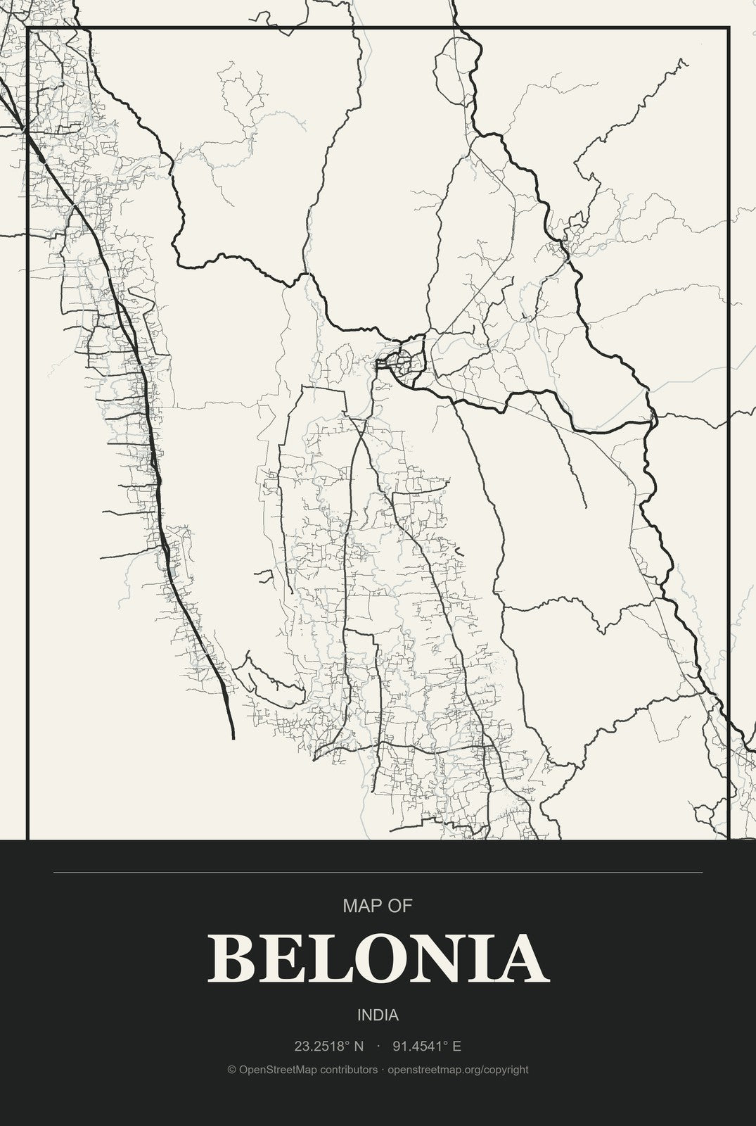 Belonia, India City Map Aluminum Sign in Museum Plaque style