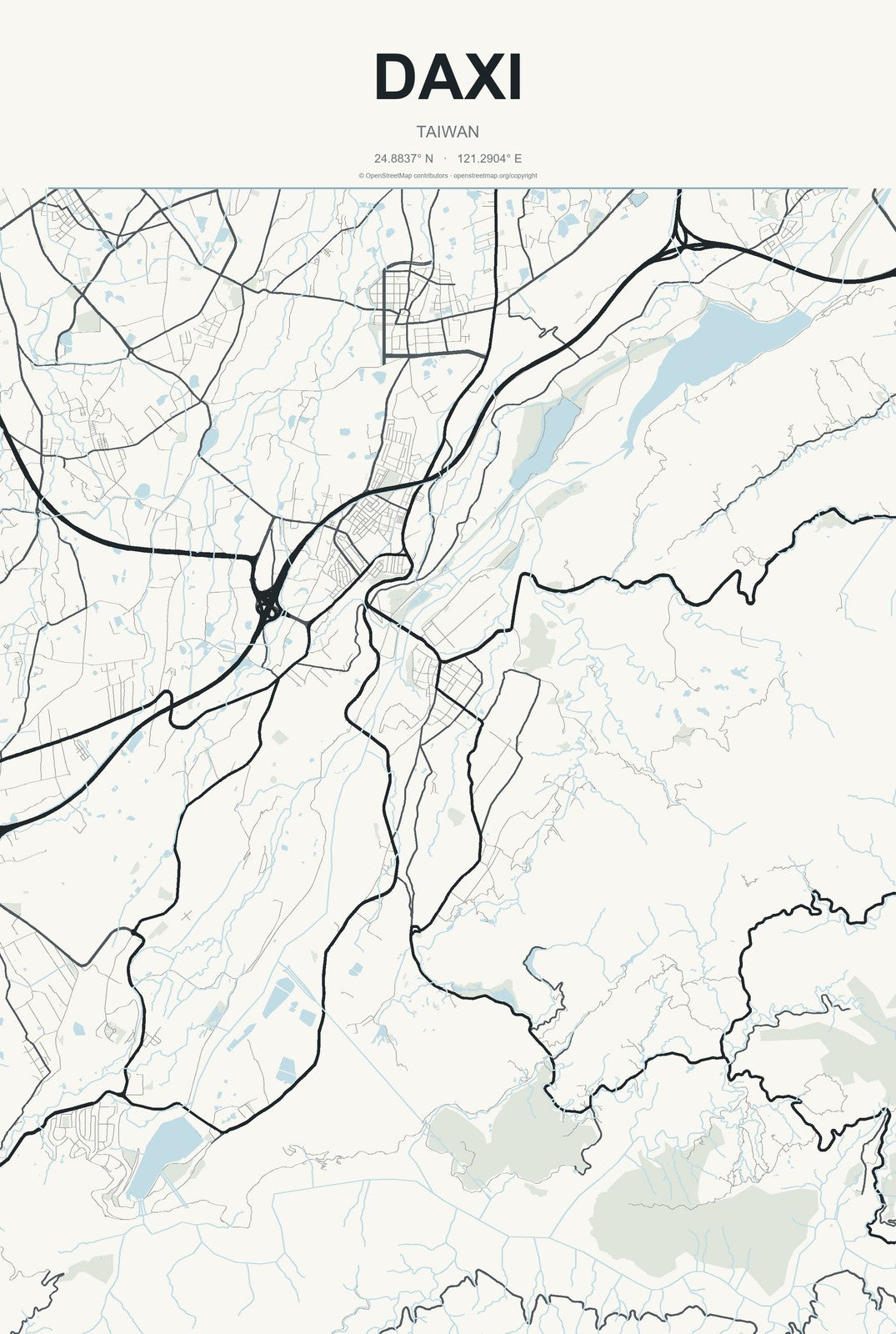 Daxi, Taiwan City Map Aluminum Sign in Headline Atlas style