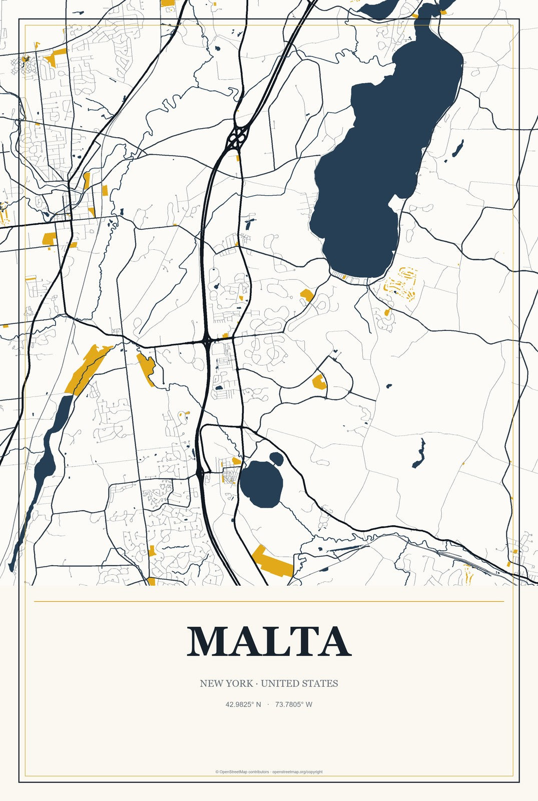 Malta, New York City Map Aluminum Sign in Citrine Modern style