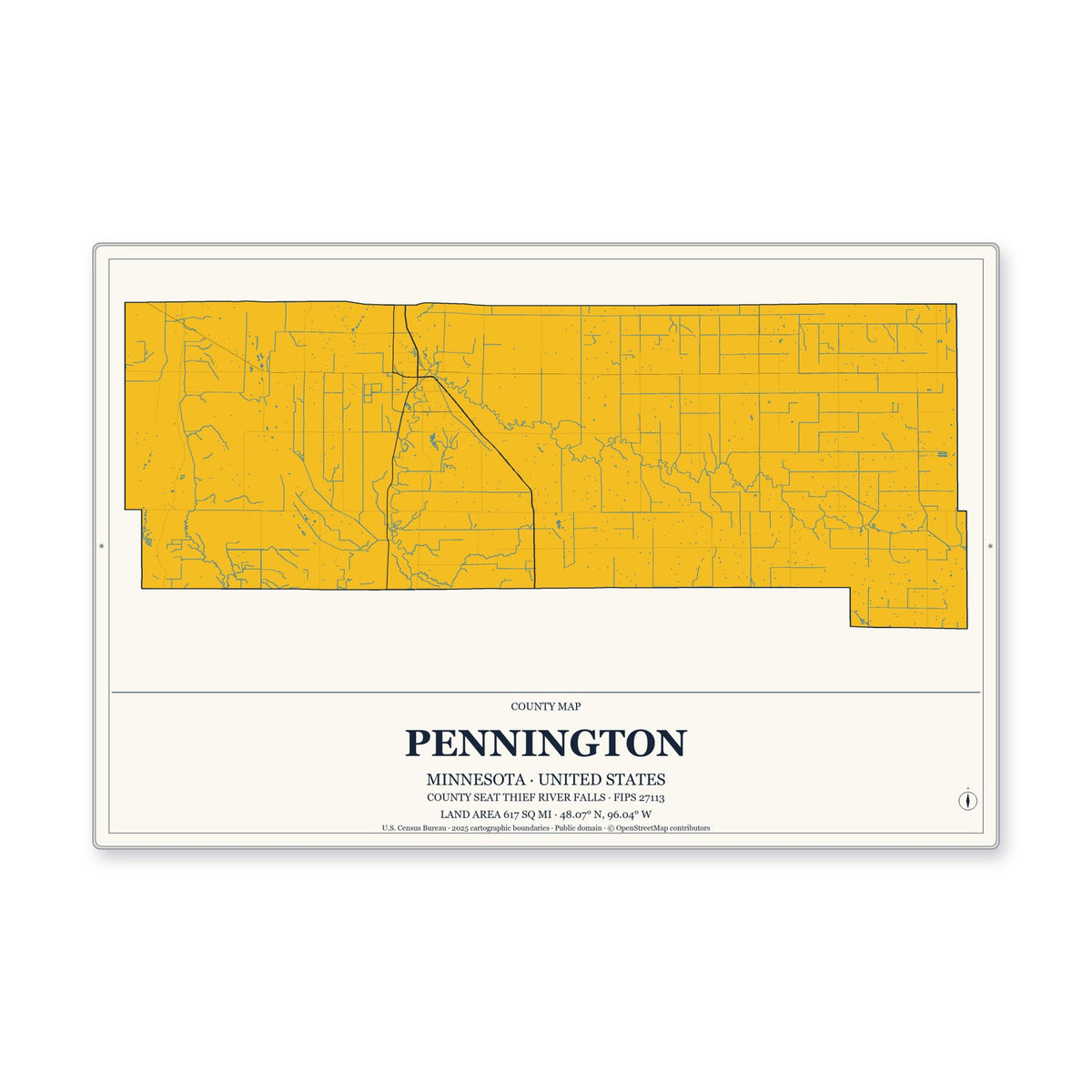 Pennington County, Minnesota Map Aluminum Sign in Citrine Modern style
