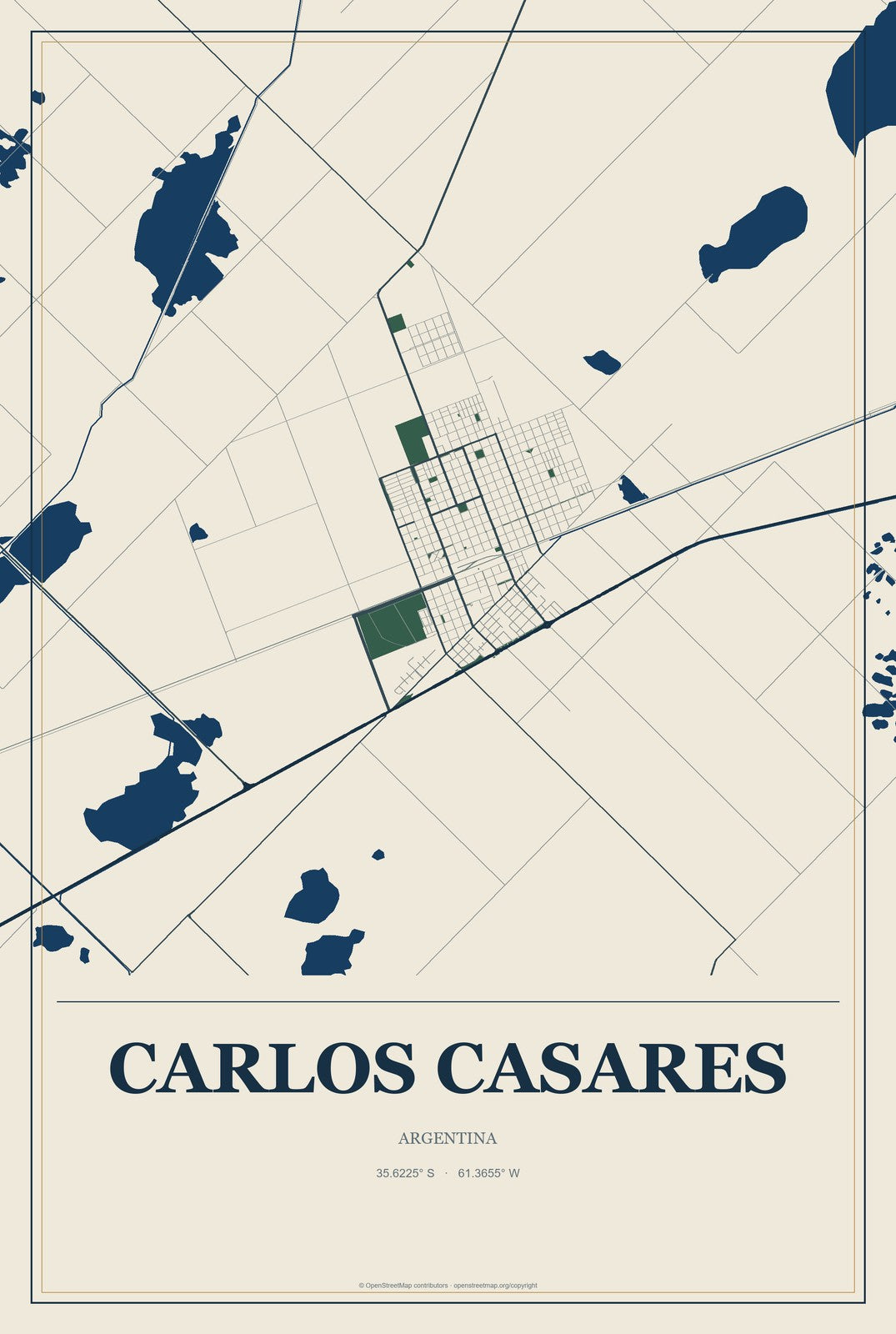 Carlos Casares, Argentina City Map Aluminum Sign in Coastal Cutout style