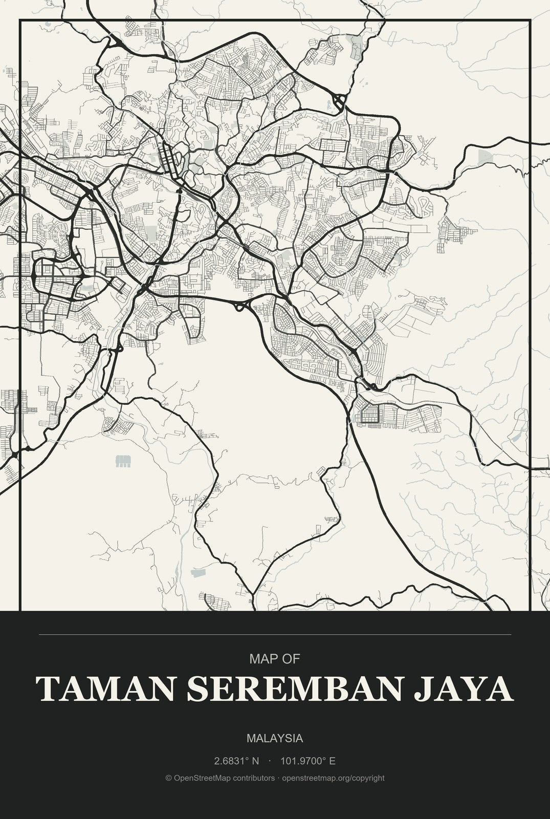 Taman Seremban Jaya, Malaysia City Map Aluminum Sign in Museum Plaque style