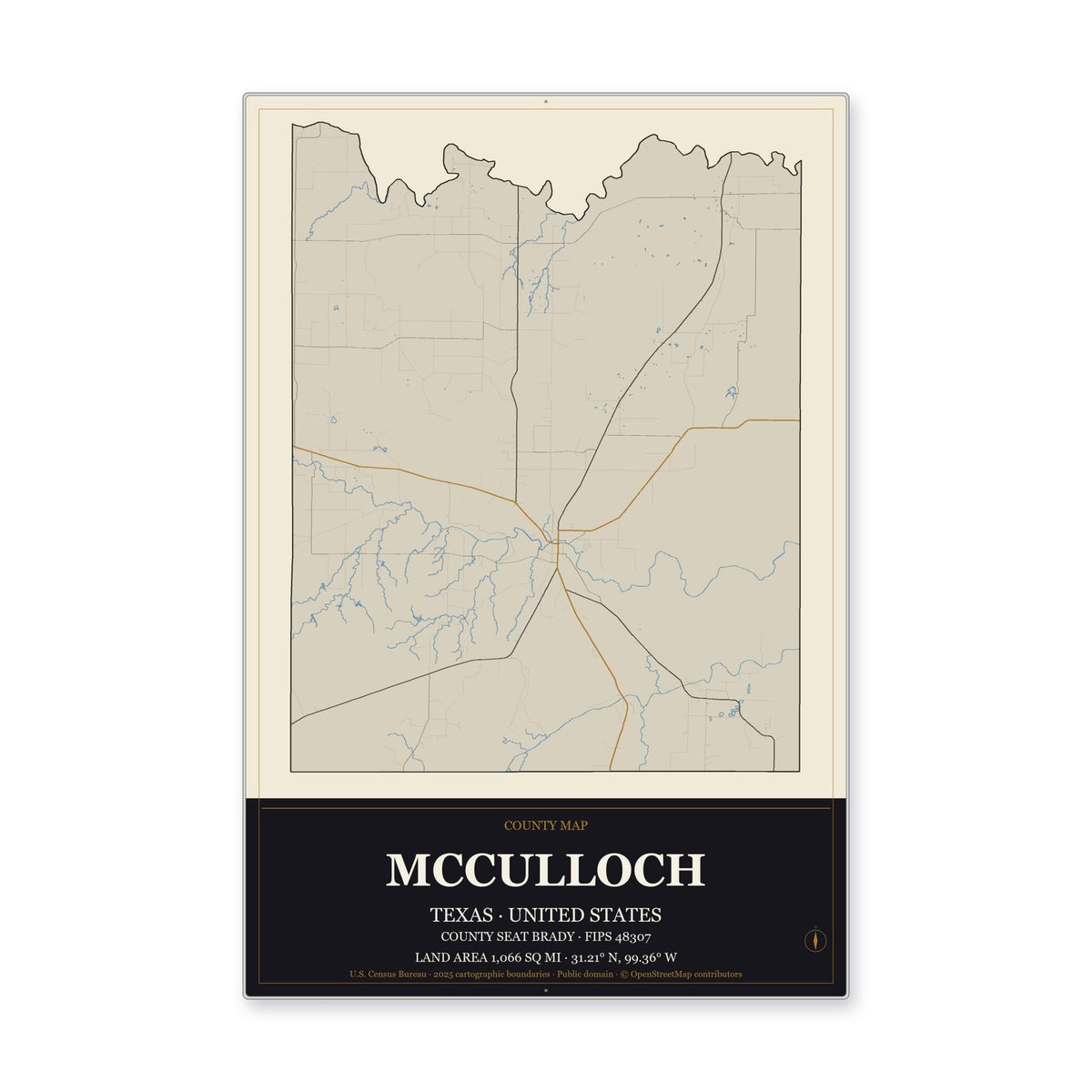 McCulloch County, Texas Map Aluminum Sign in Museum Plaque style