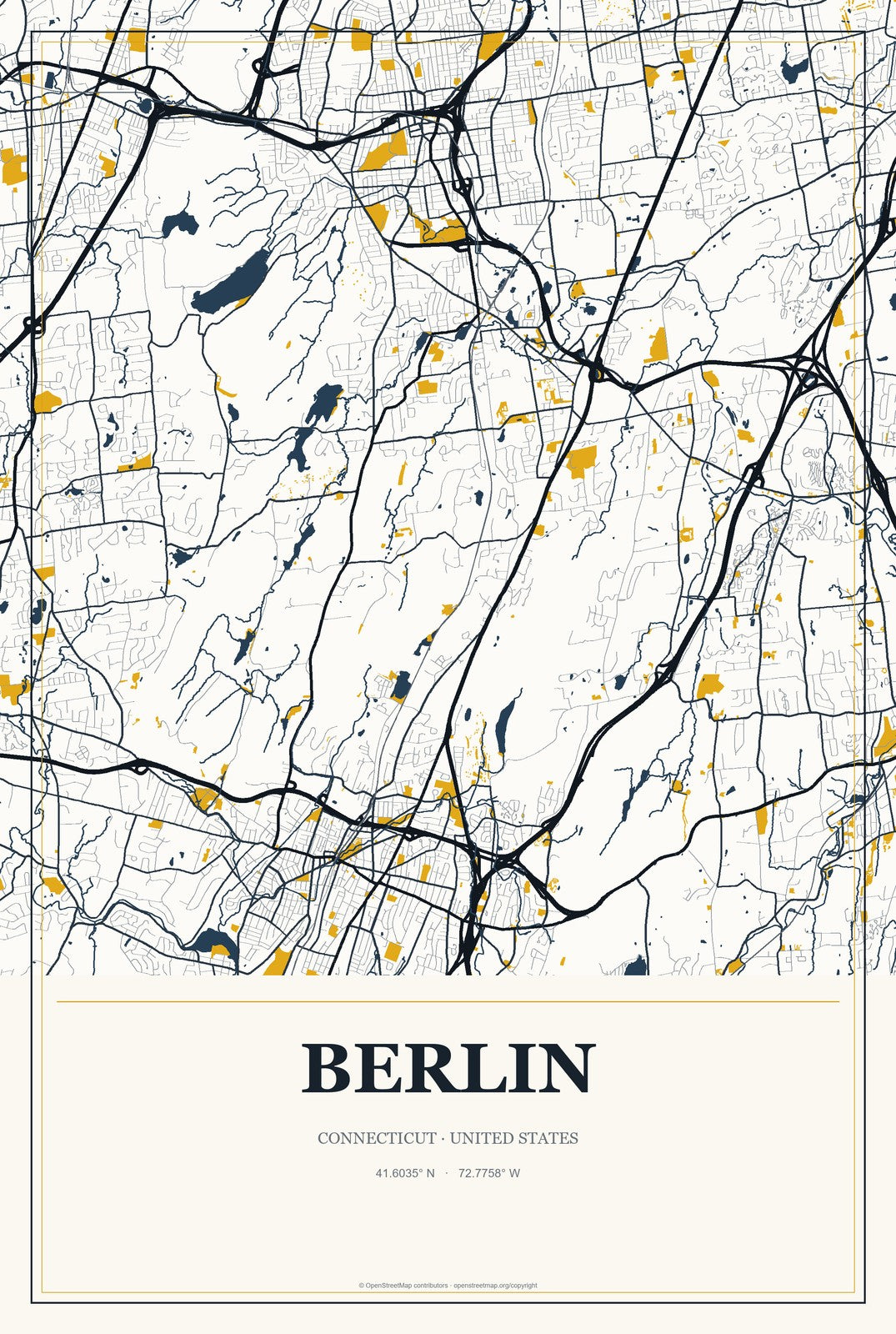 Berlin, Connecticut City Map Aluminum Sign in Citrine Modern style