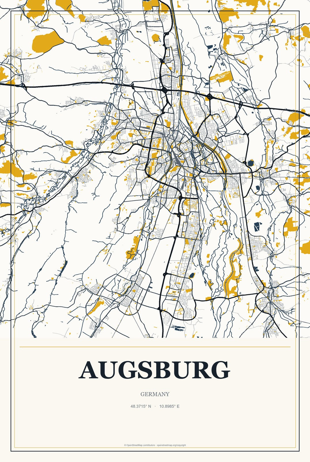 Augsburg, Germany City Map Aluminum Sign in Citrine Modern style