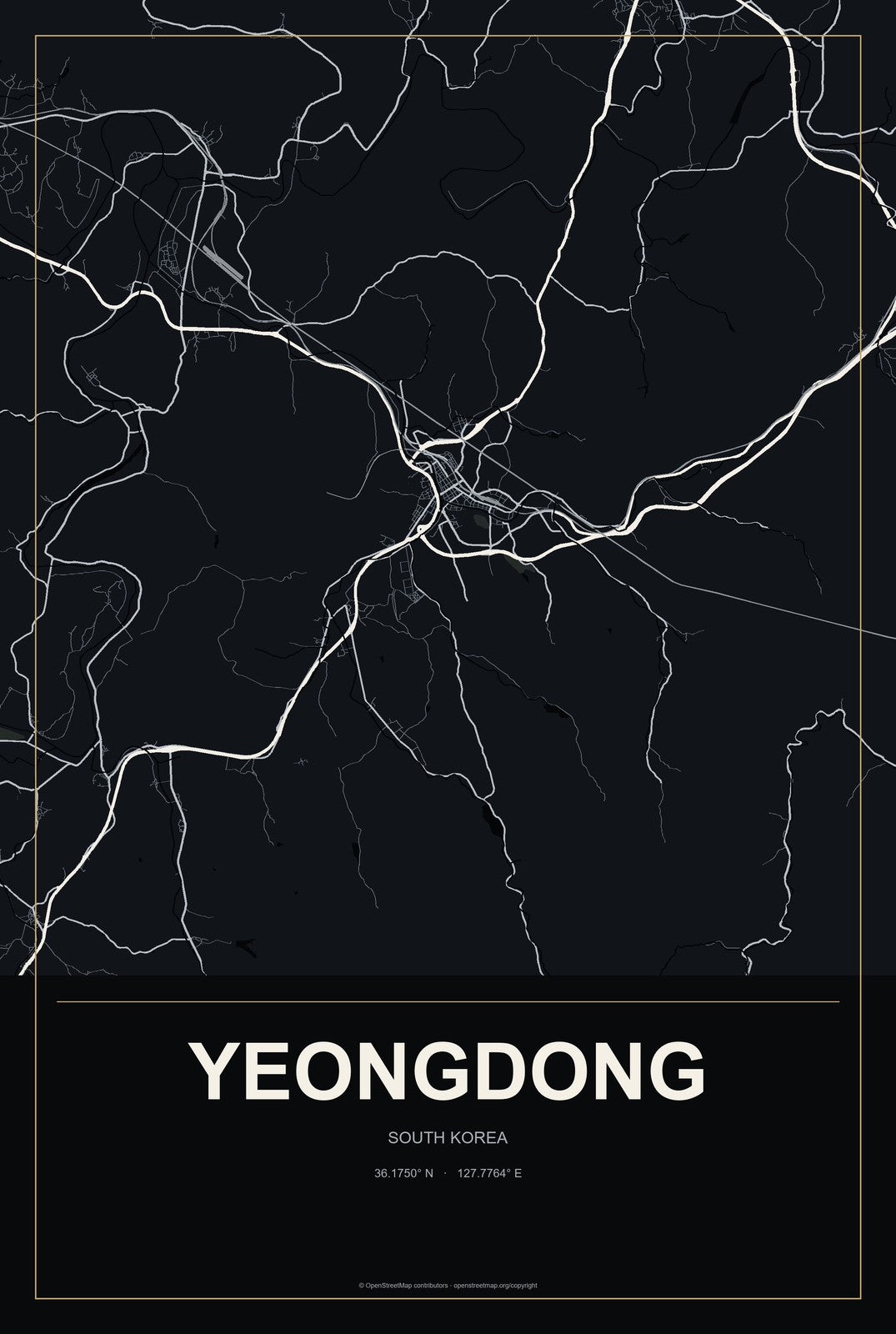Yeongdong, South Korea City Map Aluminum Sign in Metropolitan Noir style