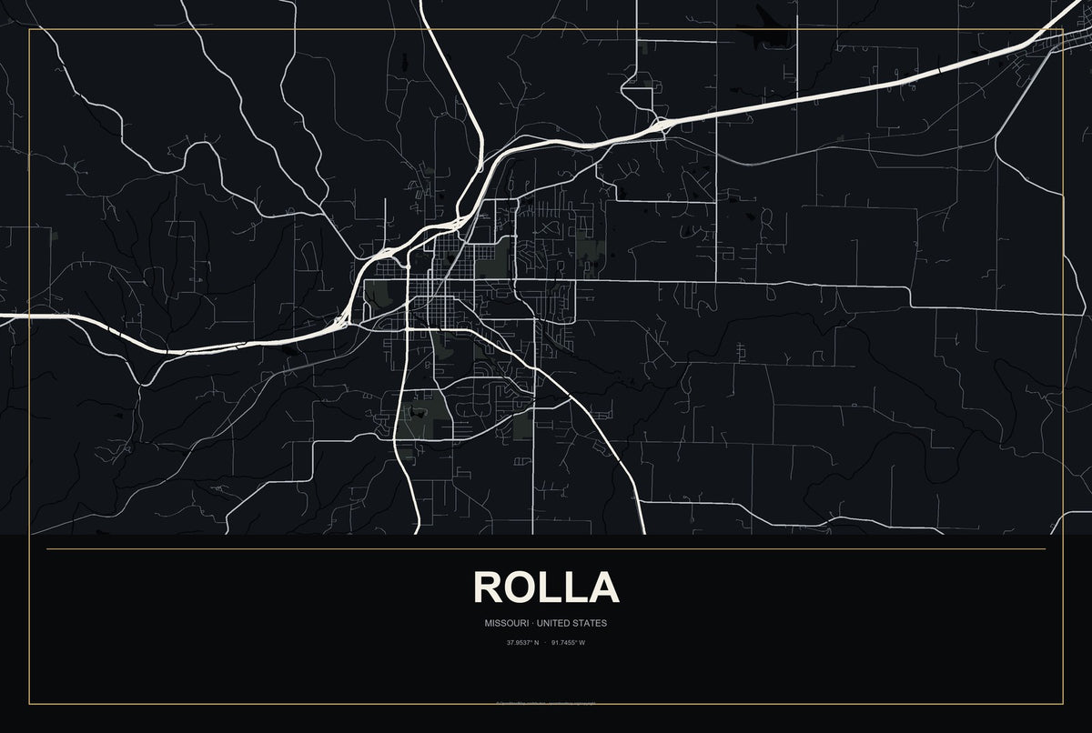 Rolla, Missouri City Map Aluminum Sign in Metropolitan Noir style
