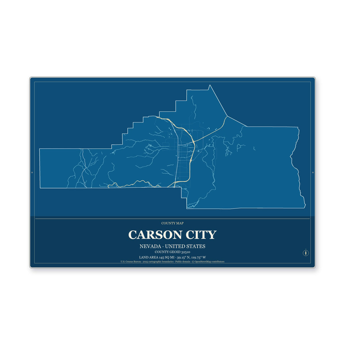 Carson City, Nevada Map Aluminum Sign in Harbor Cobalt style