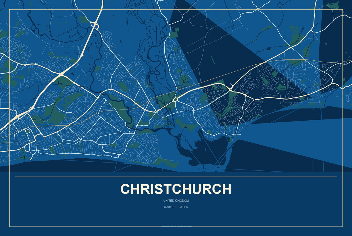 Christchurch, United Kingdom City Map Aluminum Sign in Harbor Cobalt style