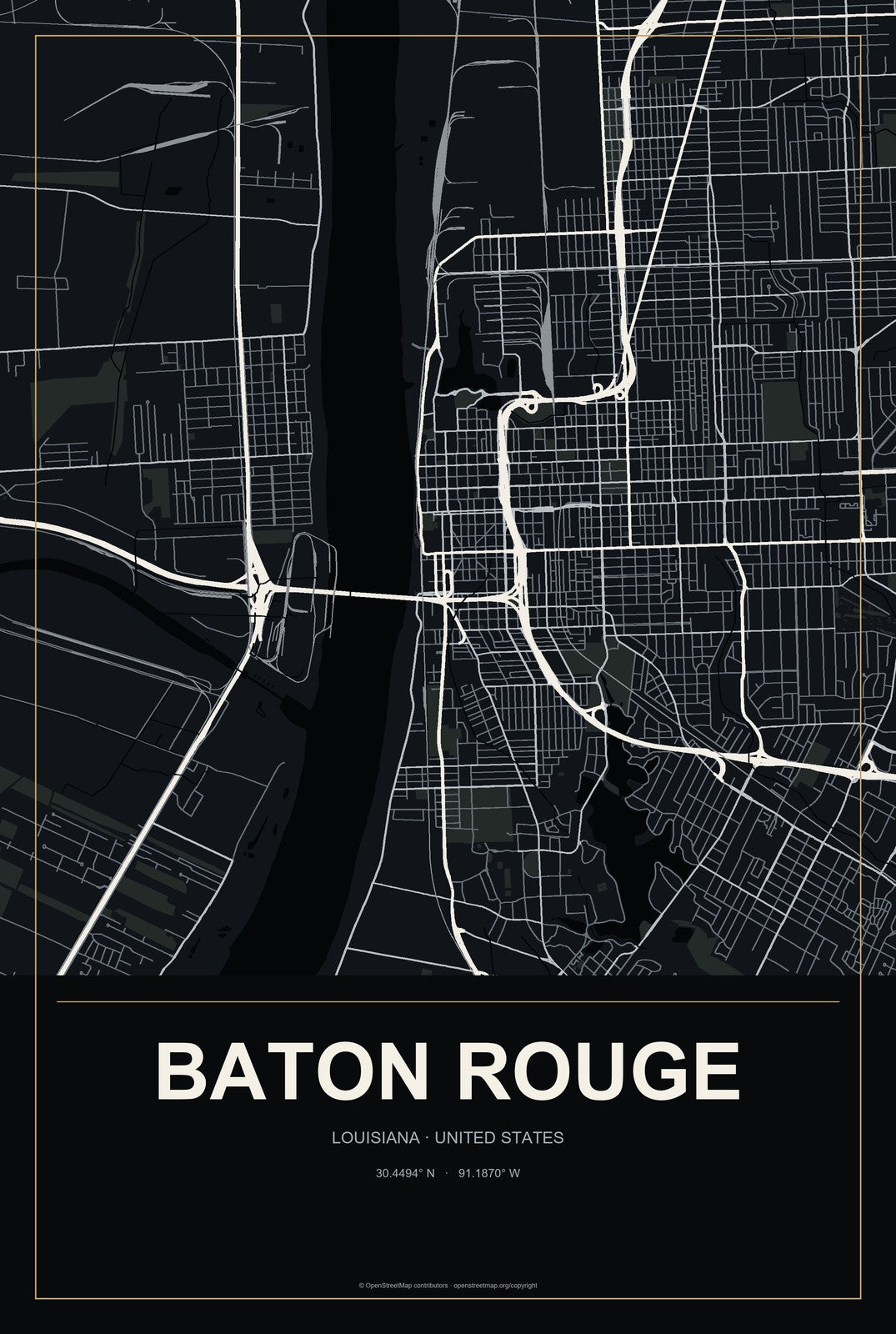 Baton Rouge, Louisiana City Map Aluminum Sign in Metropolitan Noir style
