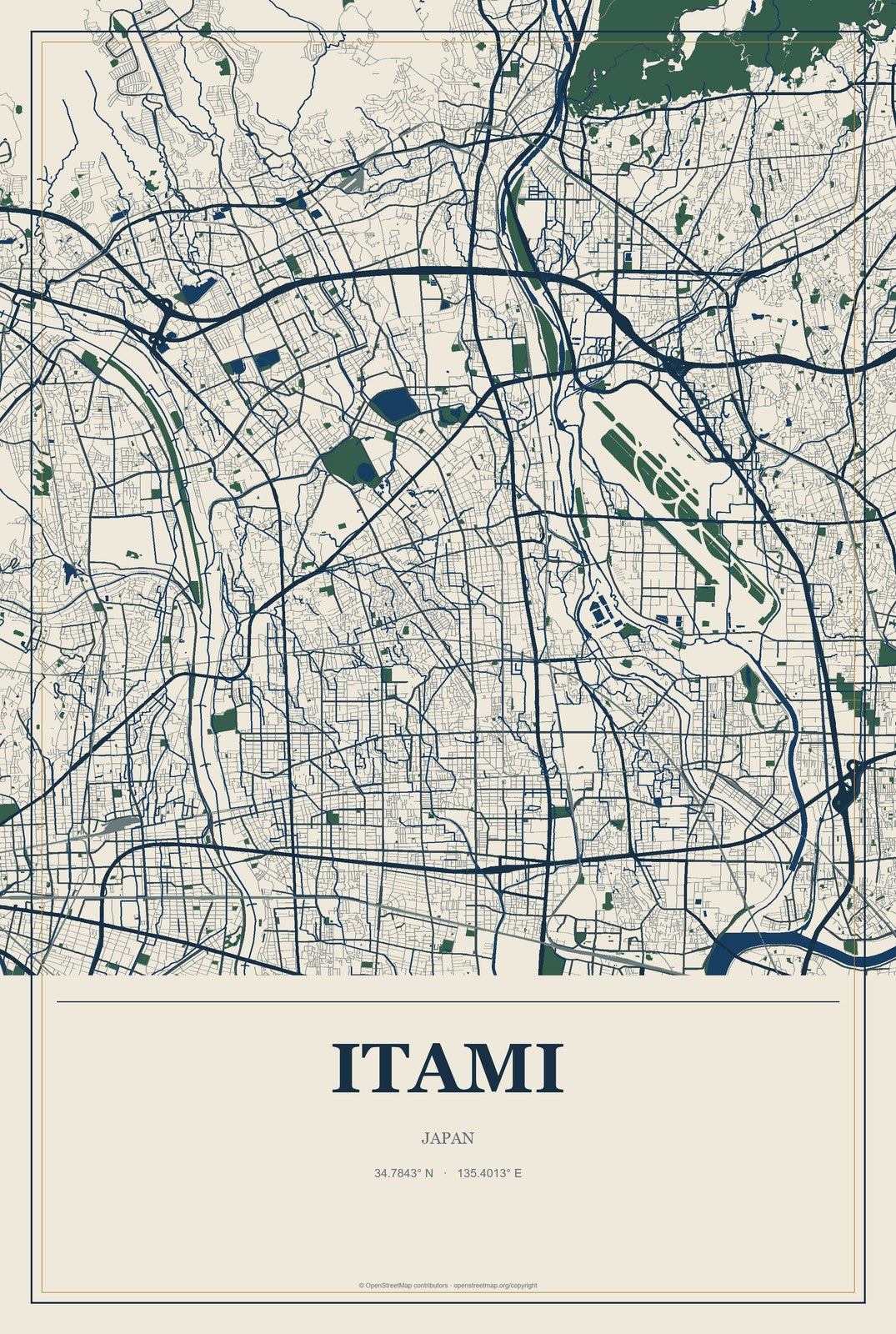 Itami, Japan City Map Aluminum Sign in Coastal Cutout style