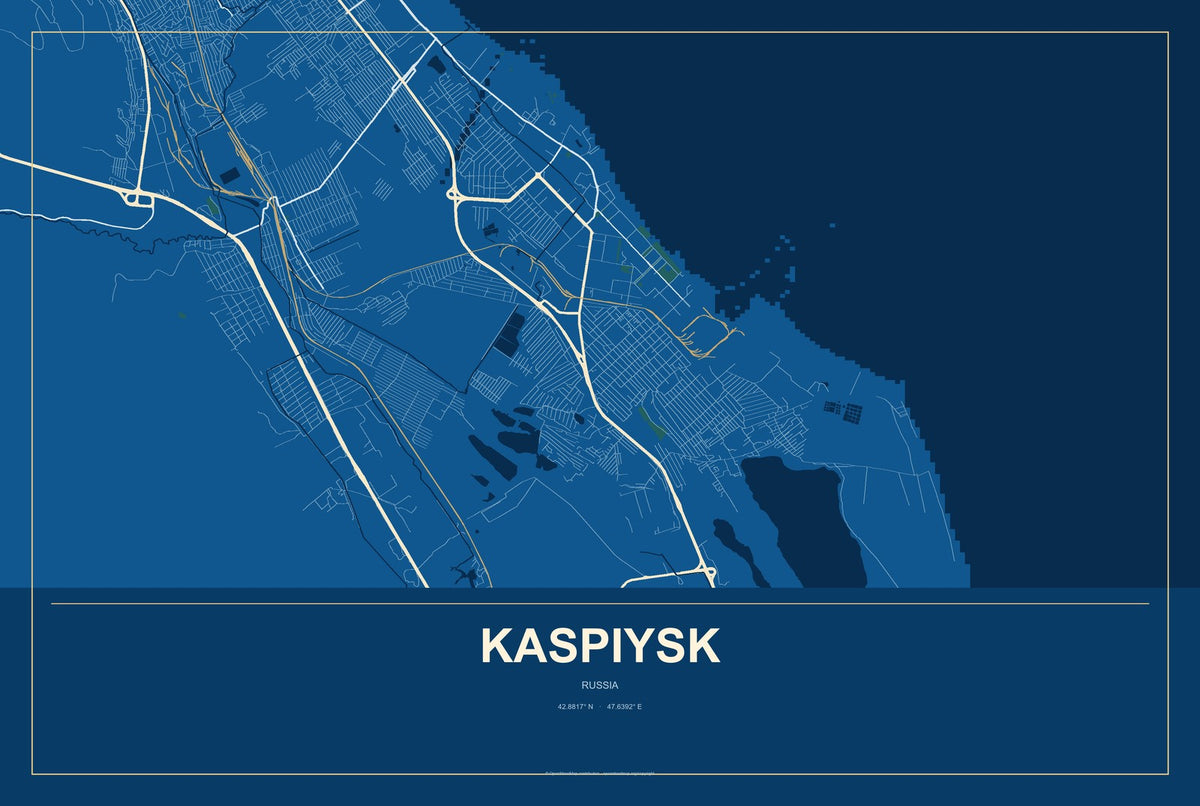 Kaspiysk, Russia City Map Aluminum Sign in Harbor Cobalt style