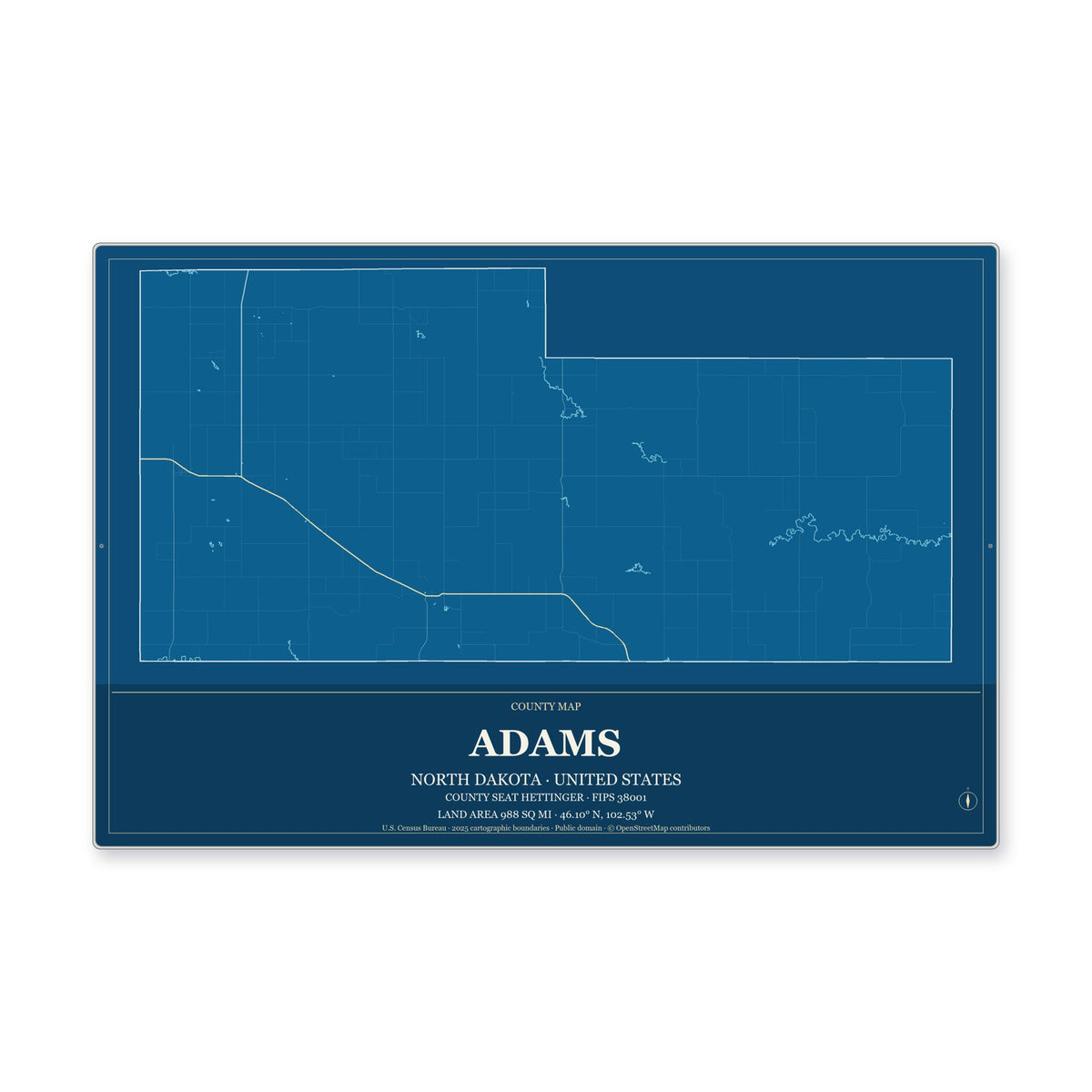 Adams County, North Dakota Map Aluminum Sign in Harbor Cobalt style