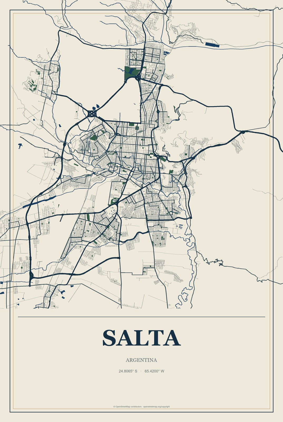Salta, Argentina City Map Aluminum Sign in Coastal Cutout style